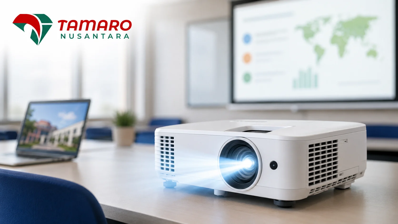 pengadaan proyektor melalui Inaproc yang menampilkan proyektor modern berwarna putih di ruang presentasi digital dengan logo Tamaro Nusantara di sudut kiri atas. Proyektor memancarkan cahaya ke layar presentasi sebagai simbol efisiensi pengadaan perangkat pembelajaran.