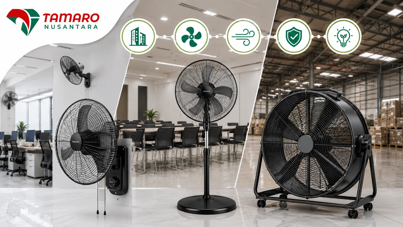 Perbandingan tiga jenis kipas angin untuk fasilitas gedung yang menampilkan wall fan di area kantor, standing fan di ruang rapat, dan industrial fan di gudang dengan logo Tamaro Nusantara.
