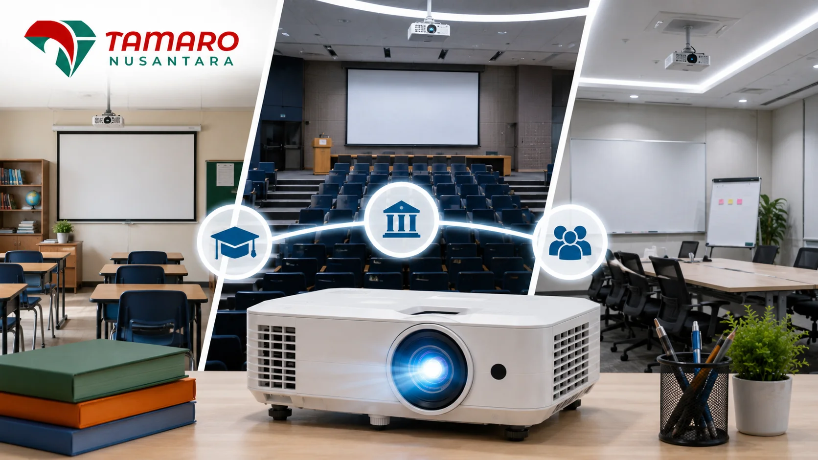 proyektor profesional untuk kebutuhan sekolah, kampus, dan lembaga pelatihan dengan latar lingkungan pendidikan modern. Fokus utama berada pada perangkat proyektor yang mendukung pembelajaran digital, seminar, dan kegiatan pelatihan interaktif.