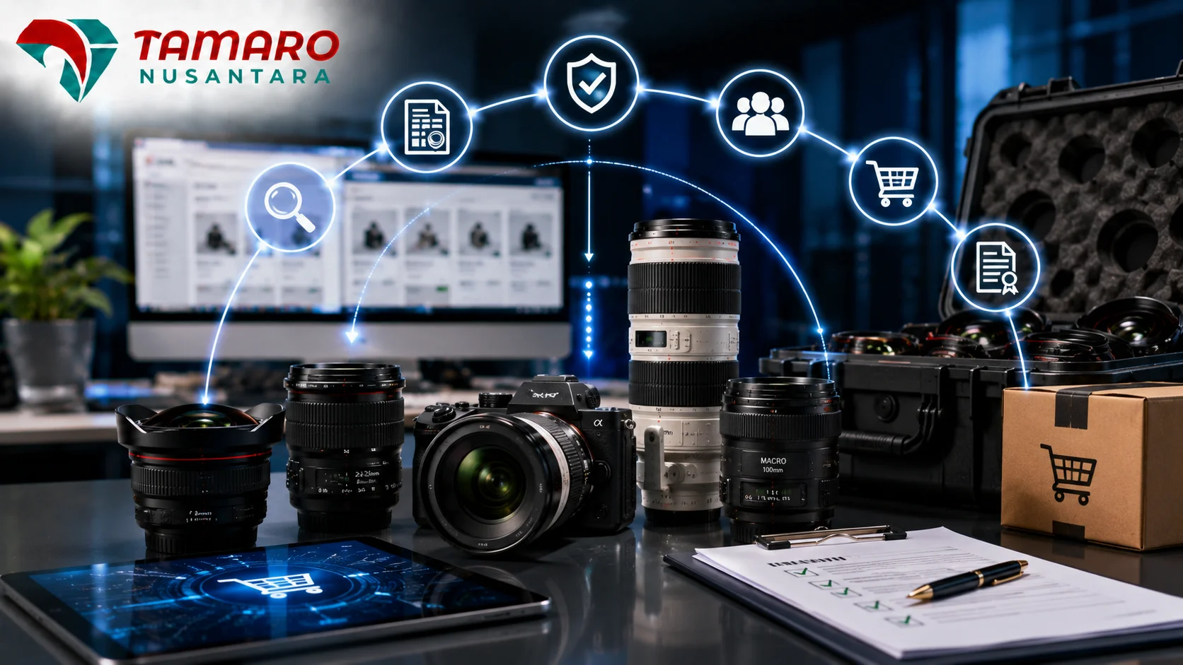 Koleksi berbagai lensa kamera profesional dengan ikon fungsi fotografi dan spesifikasi produk untuk kebutuhan pengadaan lensa kamera.