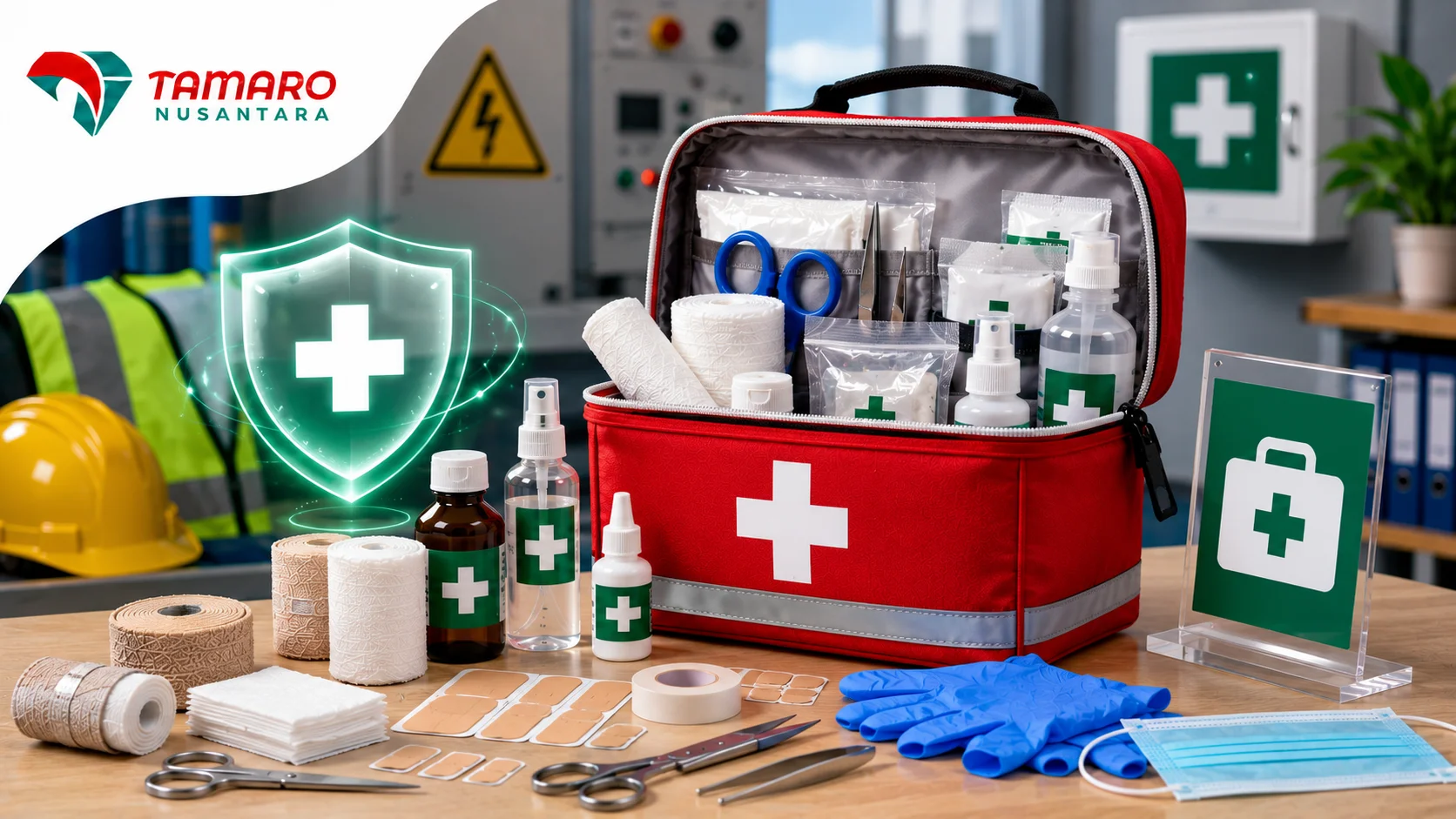 Kotak dan perlengkapan P3K standar K3 di lingkungan kerja industri yang terdiri dari kasa steril, plester, perban, antiseptik, masker, sarung tangan, serta perlengkapan pertolongan pertama.