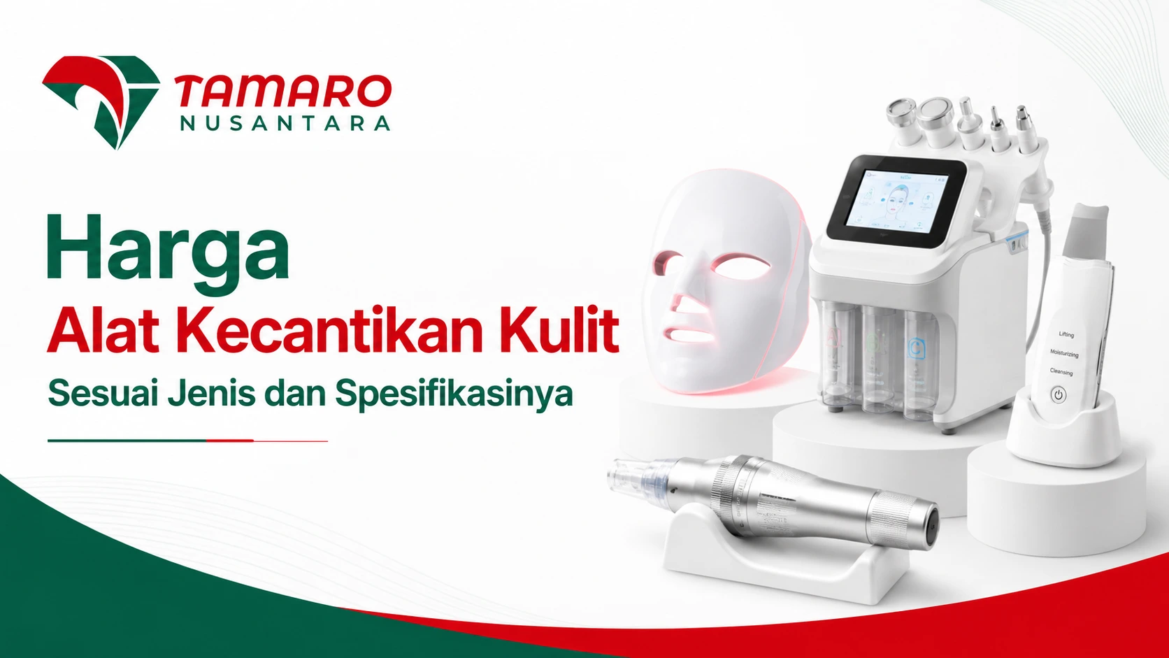 Harga alat kecantikan kulit sesuai jenis dan spesifikasinya dengan ilustrasi perangkat kecantikan dan logo Tamaro Nusantara