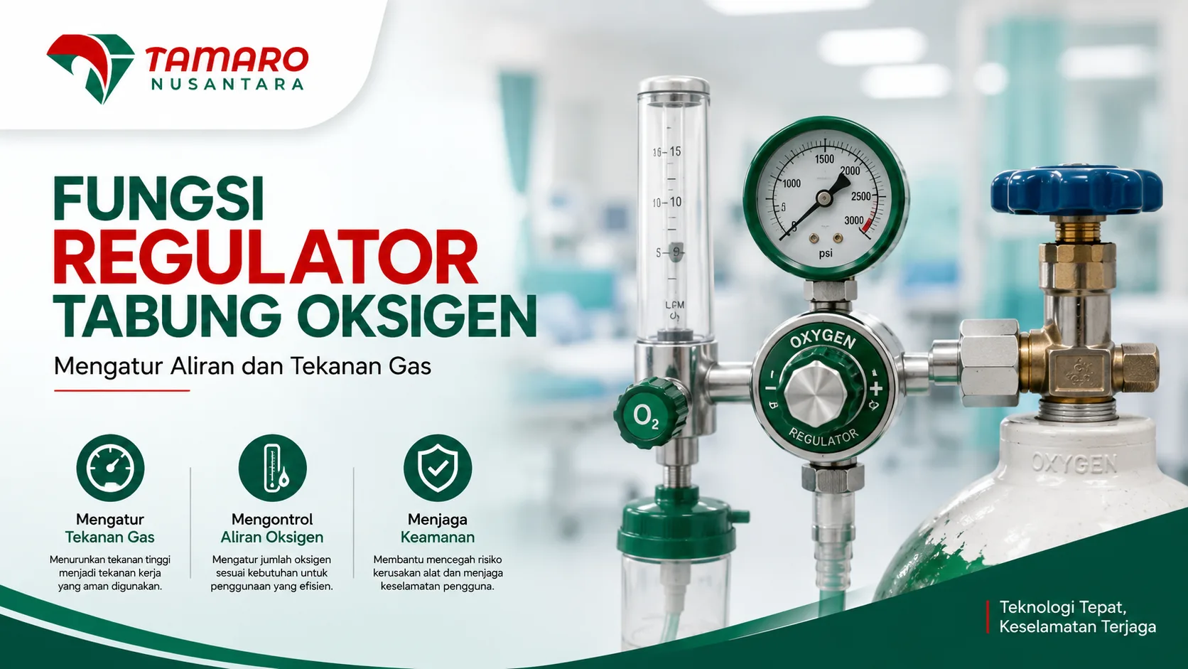 Regulator tabung oksigen untuk mengatur aliran dan tekanan gas oksigen secara aman pada tabung oksigen medis