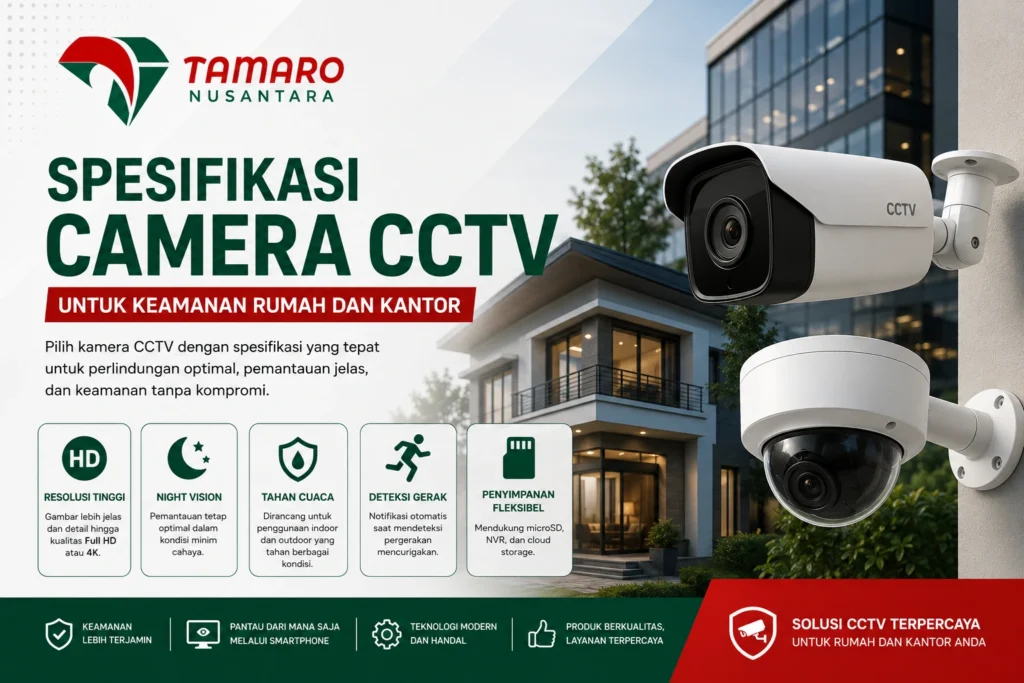 Spesifikasi Camera CCTV untuk keamanan rumah dan kantor dengan fitur resolusi tinggi, pengawasan real-time, perekaman video, night vision, dan sistem monitoring modern bersama Tamaro Nusantara