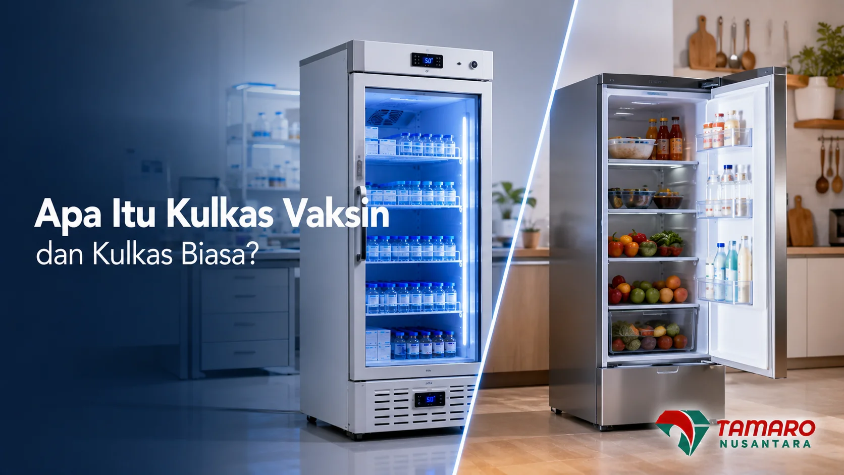 Perbandingan kulkas vaksin dan kulkas biasa untuk menunjukkan perbedaan fungsi penyimpanan vaksin sesuai standar cold chain.