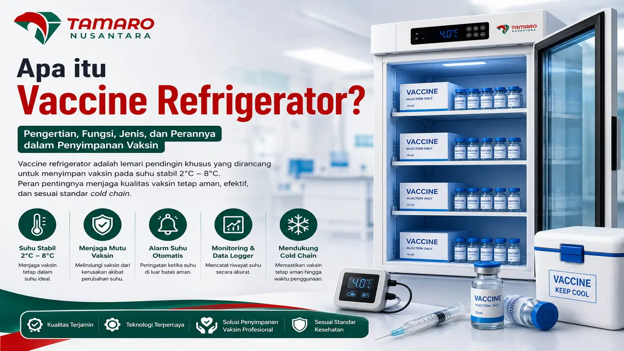 Apa itu Vaccine Refrigerator sebagai lemari pendingin khusus untuk menjaga suhu penyimpanan vaksin tetap stabil sesuai standar cold chain