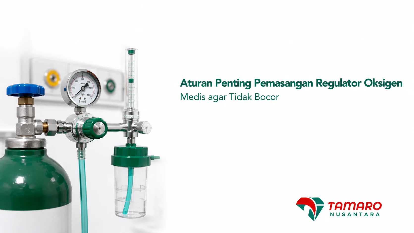 Regulator oksigen medis yang terpasang dengan benar untuk menjaga aliran oksigen tetap aman dan bebas kebocoran.