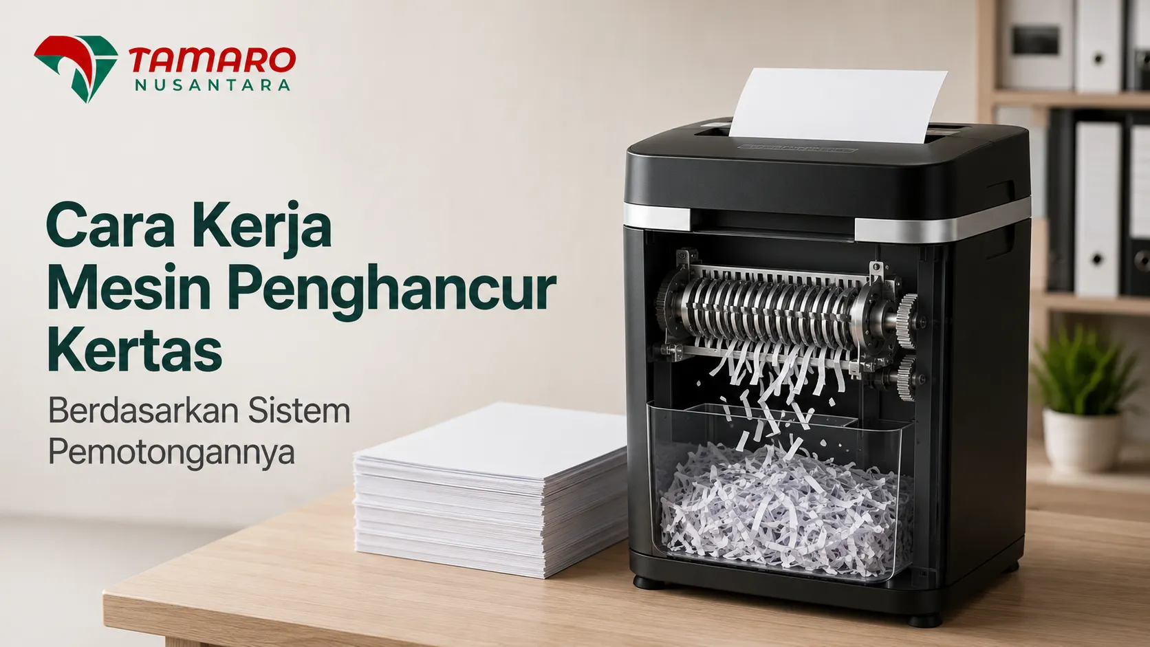 Mesin penghancur kertas hitam transparan yang memperlihatkan mekanisme pisau silinder sedang memotong kertas menjadi serpihan, dengan tumpukan kertas putih di sampingnya di atas meja kantor. Terdapat logo Tamaro Nusantara serta teks Cara Kerja Mesin Penghancur Kertas Berdasarkan Sistem Pemotongannya.