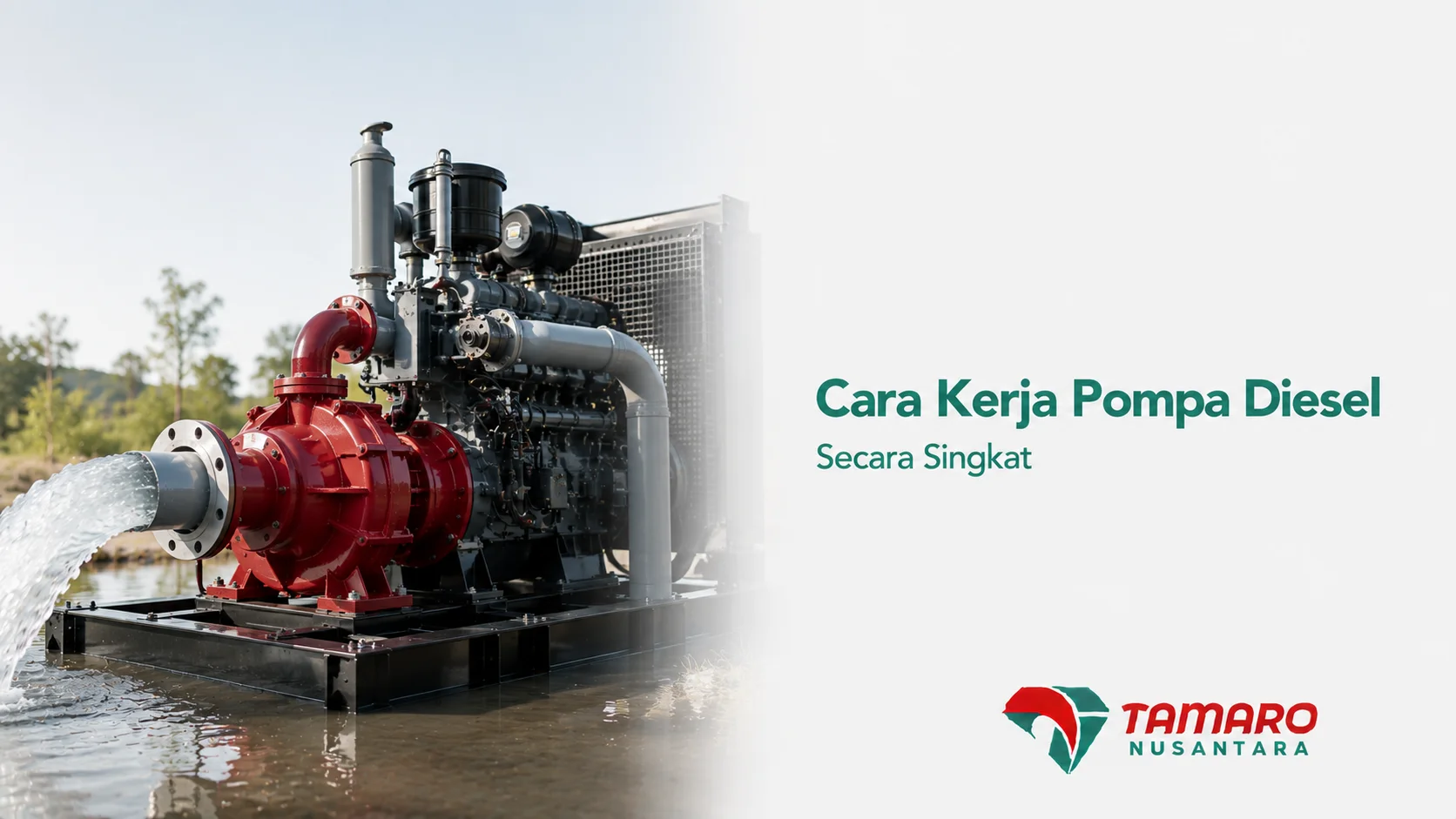 Pompa diesel berkapasitas besar yang sedang mengalirkan air untuk mendukung sistem pengairan, drainase, dan aplikasi industri.