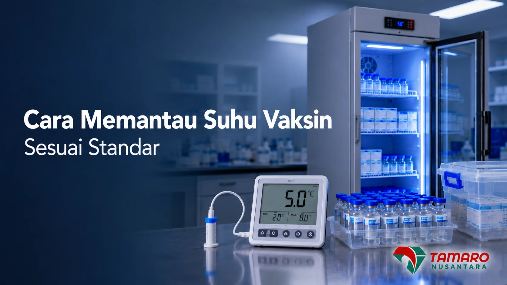 Alat pemantau suhu digital dan vaccine refrigerator untuk memastikan suhu penyimpanan vaksin tetap sesuai standar cold chain.