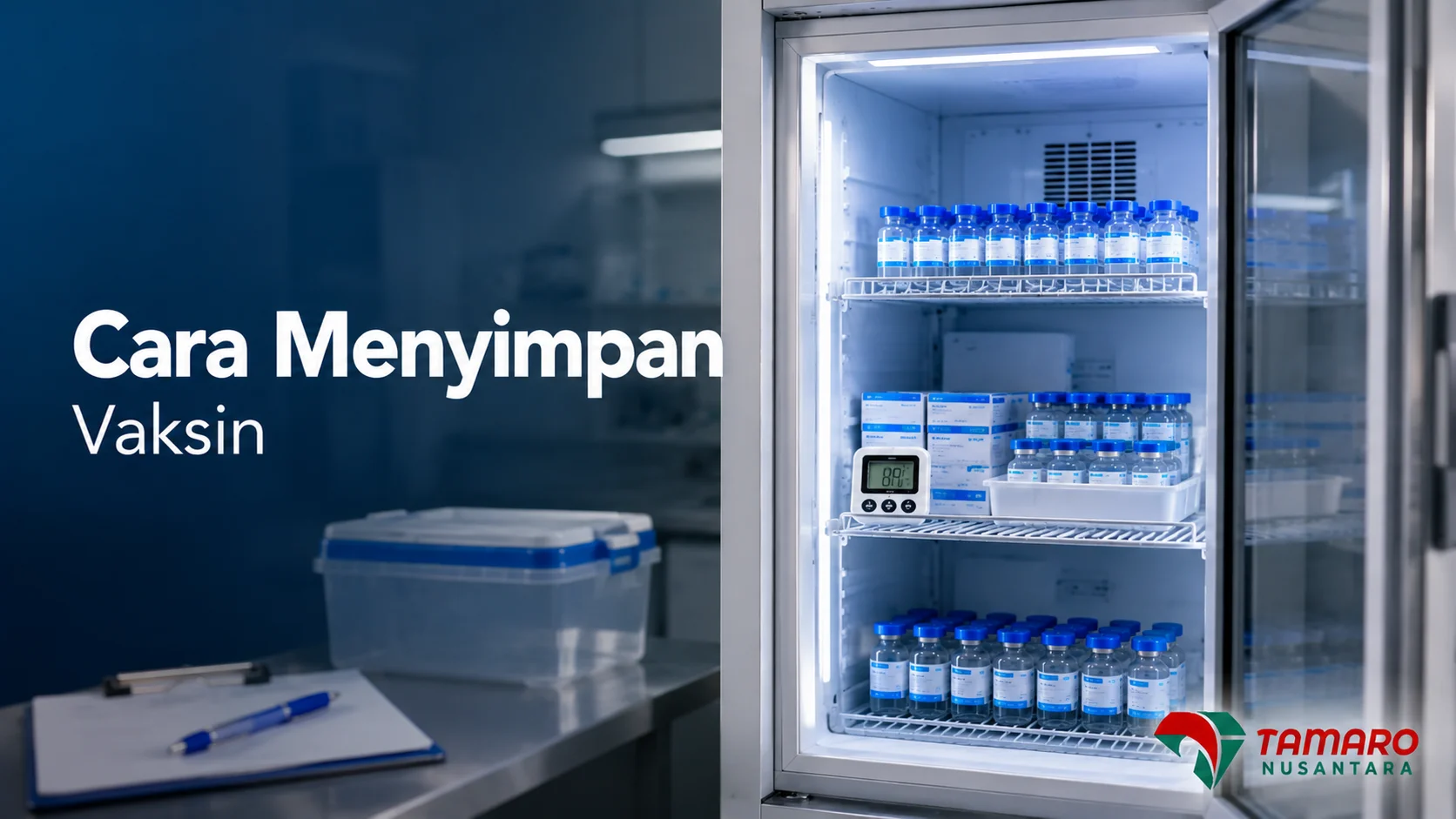 Vaksin tersimpan rapi di dalam vaccine refrigerator dengan suhu stabil untuk menjaga kualitas sesuai standar cold chain.