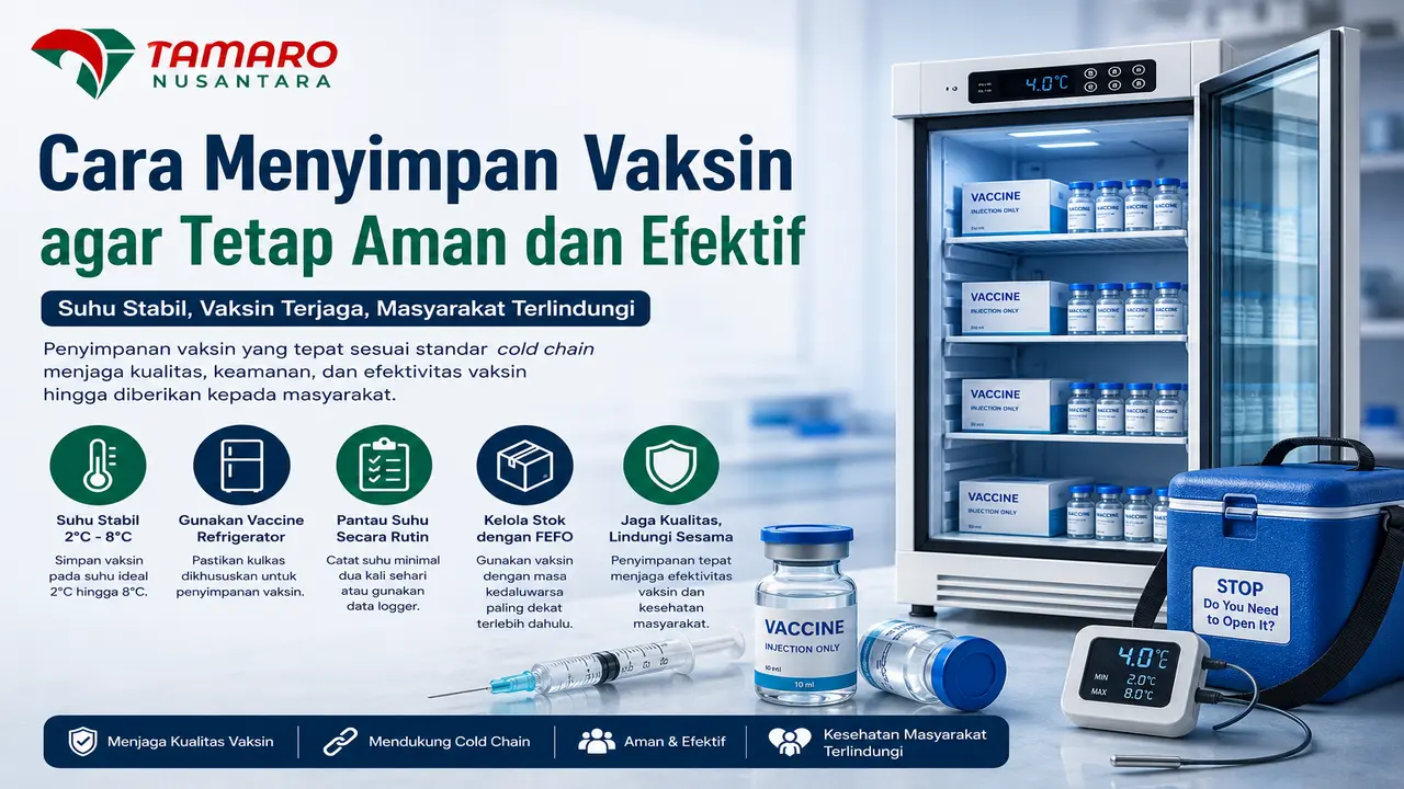 Cara menyimpan vaksin menggunakan vaccine refrigerator agar suhu penyimpanan vaksin tetap stabil sesuai standar cold chain.