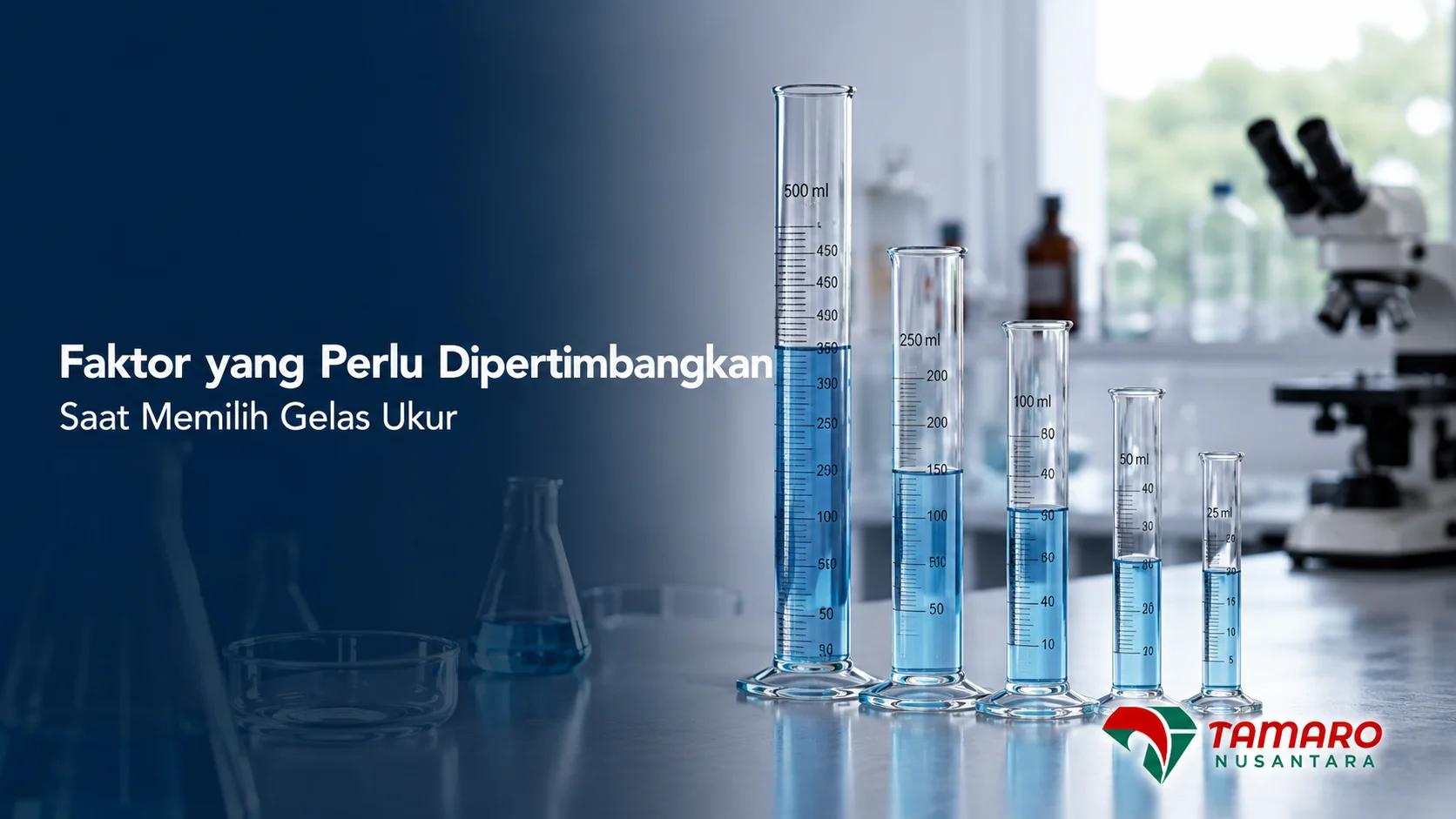 Berbagai gelas ukur laboratorium dengan kapasitas berbeda untuk mendukung pengukuran volume cairan.