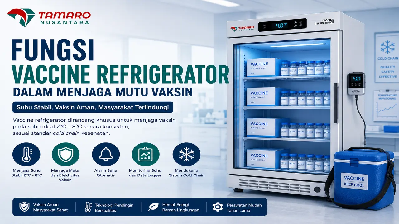 Fungsi vaccine refrigerator menjaga mutu vaksin dengan suhu penyimpanan stabil sesuai standar cold chain di fasilitas kesehatan.