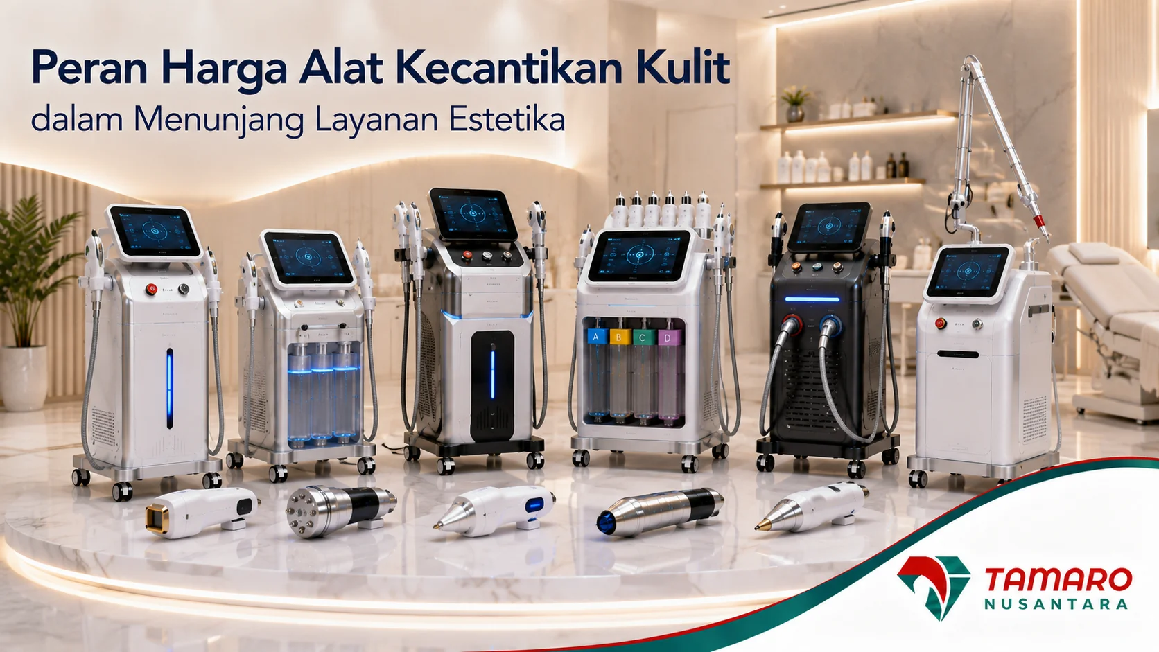 Interior klinik kecantikan kelas atas yang menampilkan berbagai alat perawatan kulit profesional.