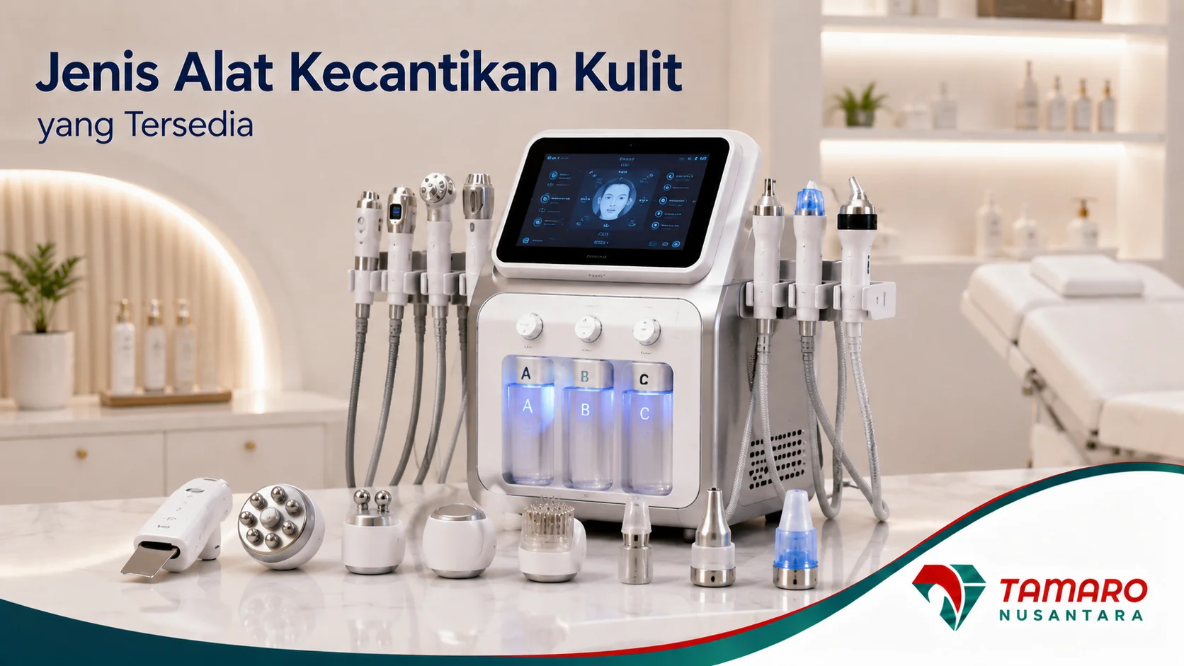 Mesin perawatan wajah multifungsi dengan berbagai jenis probe untuk berbagai perawatan kulit.