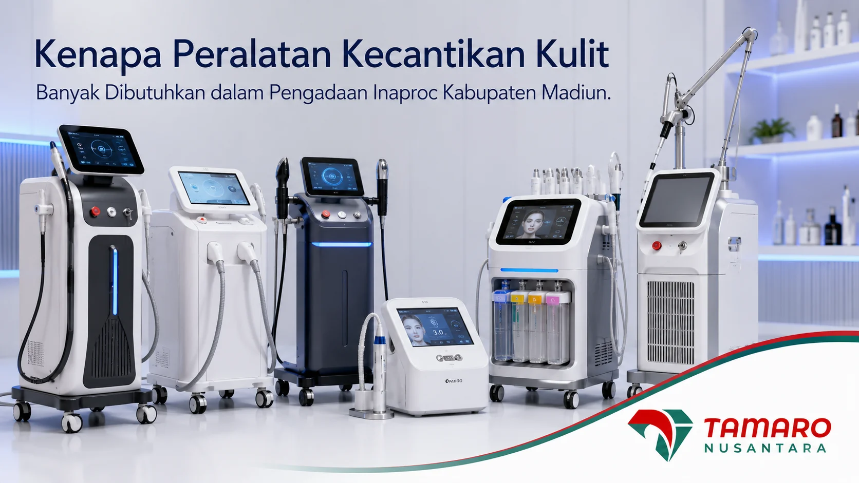 Peralatan estetika medis modern untuk kebutuhan pengadaan melalui INAPROC Kabupaten Madiun, menampilkan berbagai perangkat laser dermatologi, IPL, Hydra Facial, radiofrequency, dan microneedling dari Tamaro Nusantara.