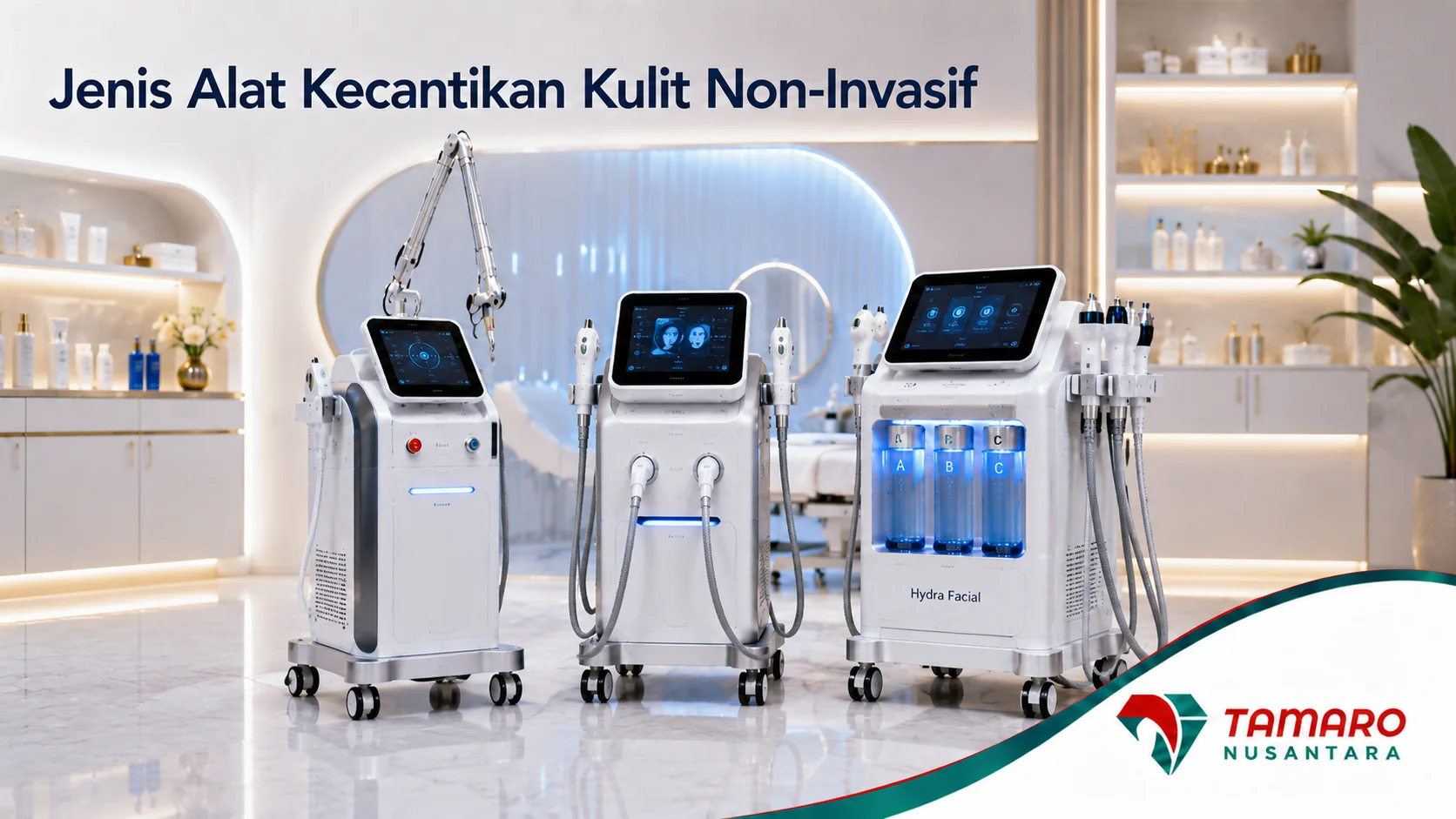 Berbagai jenis alat kecantikan kulit non-invasif standar medis untuk perawatan estetika profesional.