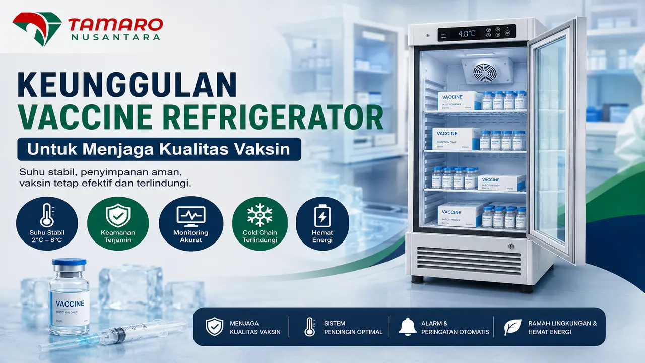 Keunggulan vaccine refrigerator dengan suhu stabil 2°C–8°C untuk menjaga kualitas vaksin sesuai standar cold chain.