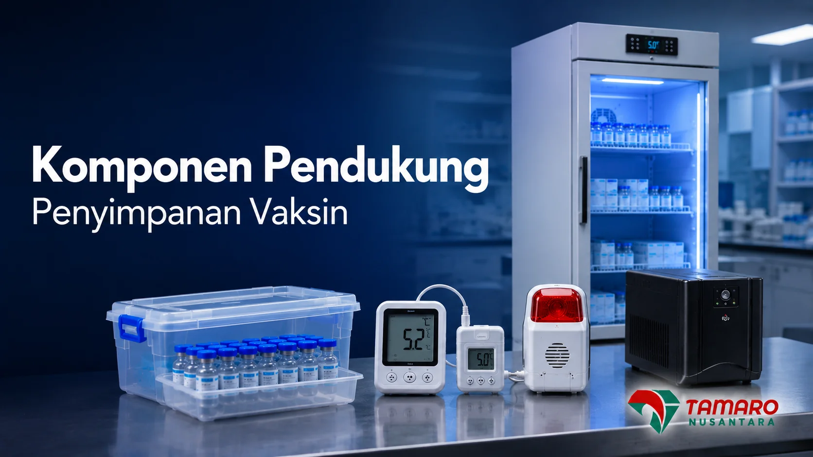 Komponen pendukung penyimpanan vaksin seperti vaccine refrigerator, data logger, dan alat pemantau suhu untuk menjaga stabilitas cold chain.