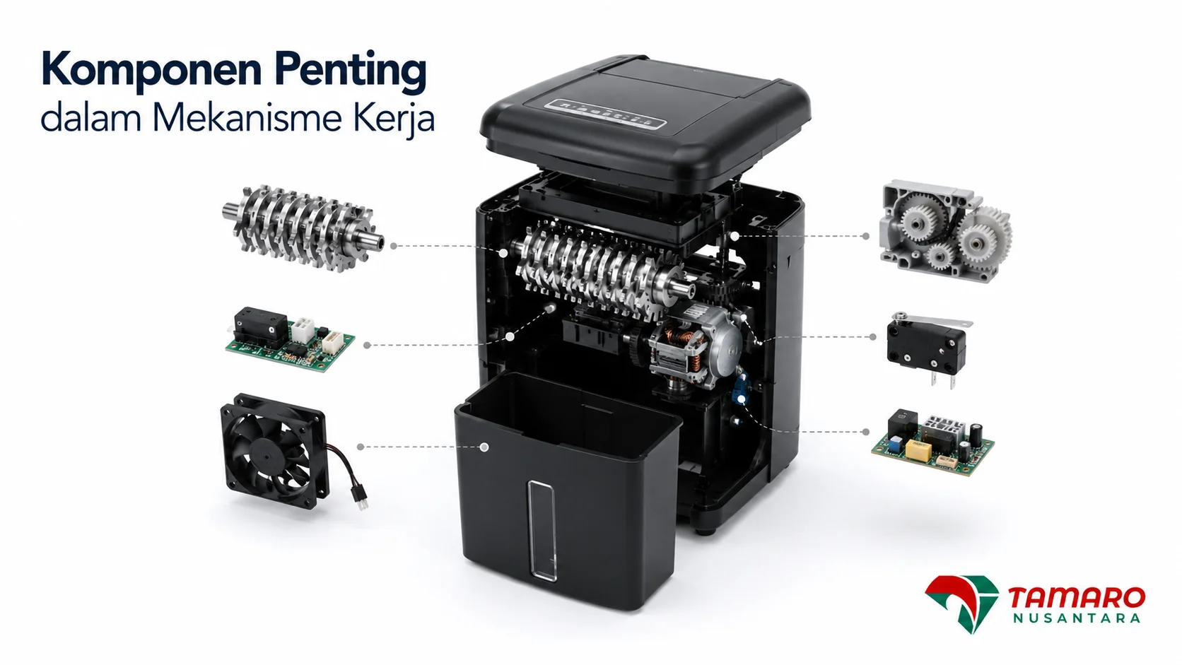 Close-up mesin penghancur kertas dengan fokus pada komponen mekanisme kerja seperti slot input, pisau pemotong, dan bodi mesin dalam lingkungan kantor modern.