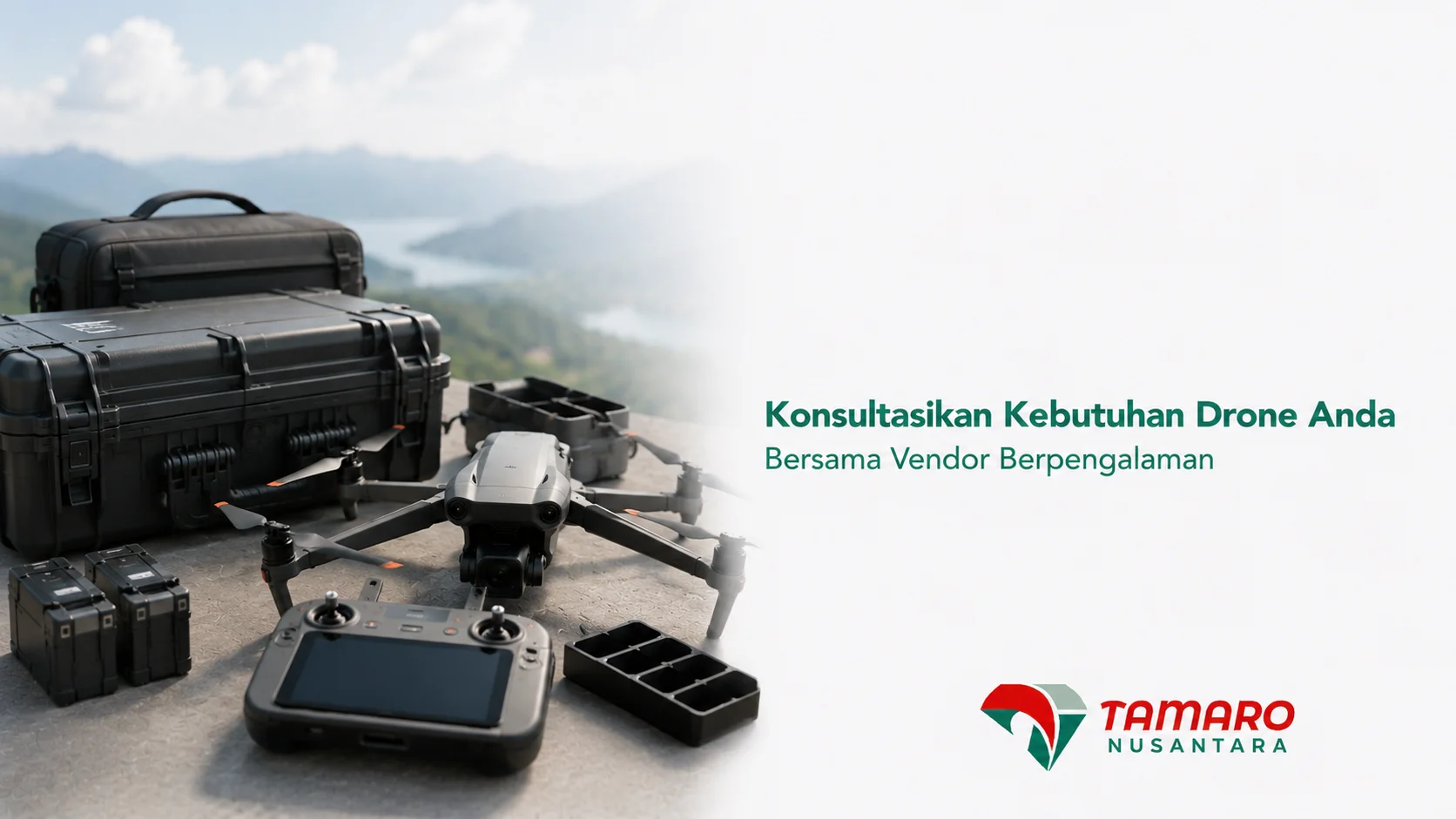 Drone profesional dengan perlengkapan lengkap untuk mendukung pengadaan dan kebutuhan operasional instansi pemerintah.