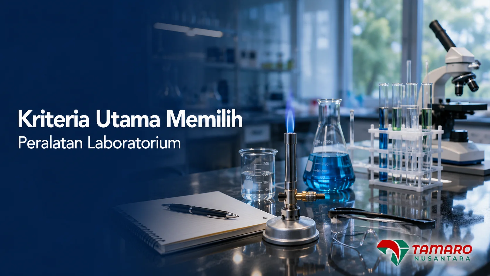 Pembakar Bunsen dan peralatan laboratorium tersusun di meja praktikum untuk mendukung kegiatan pengujian dan penelitian.