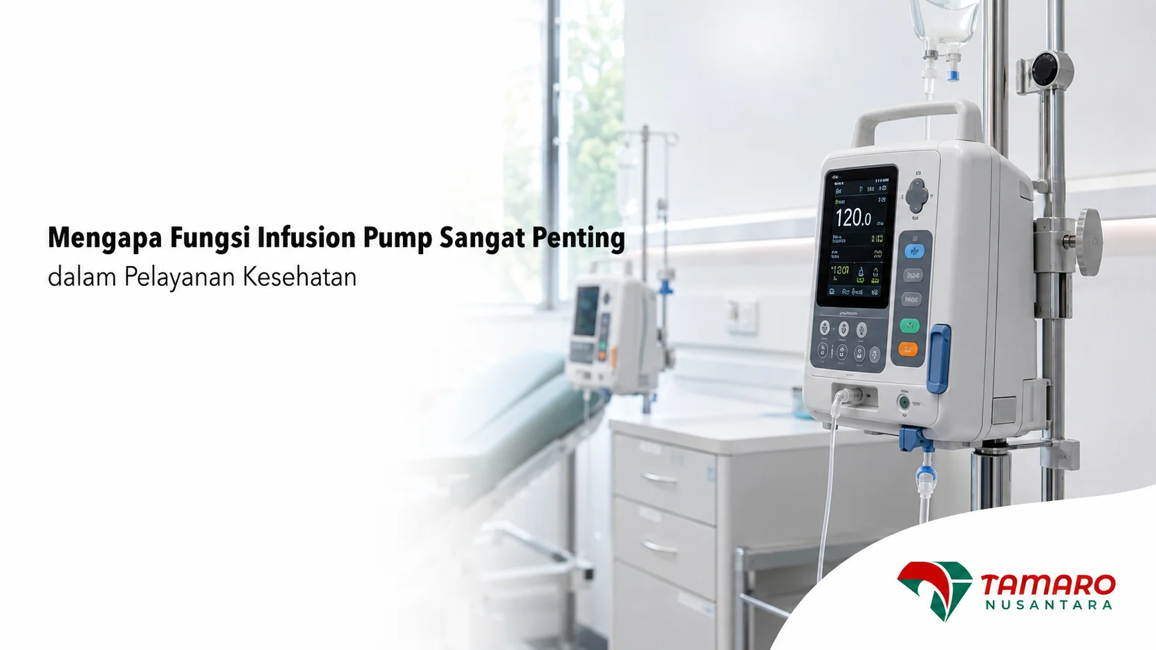 Banner fungsi infusion pump dalam pelayanan kesehatan dengan perangkat infus otomatis di ruang medis.