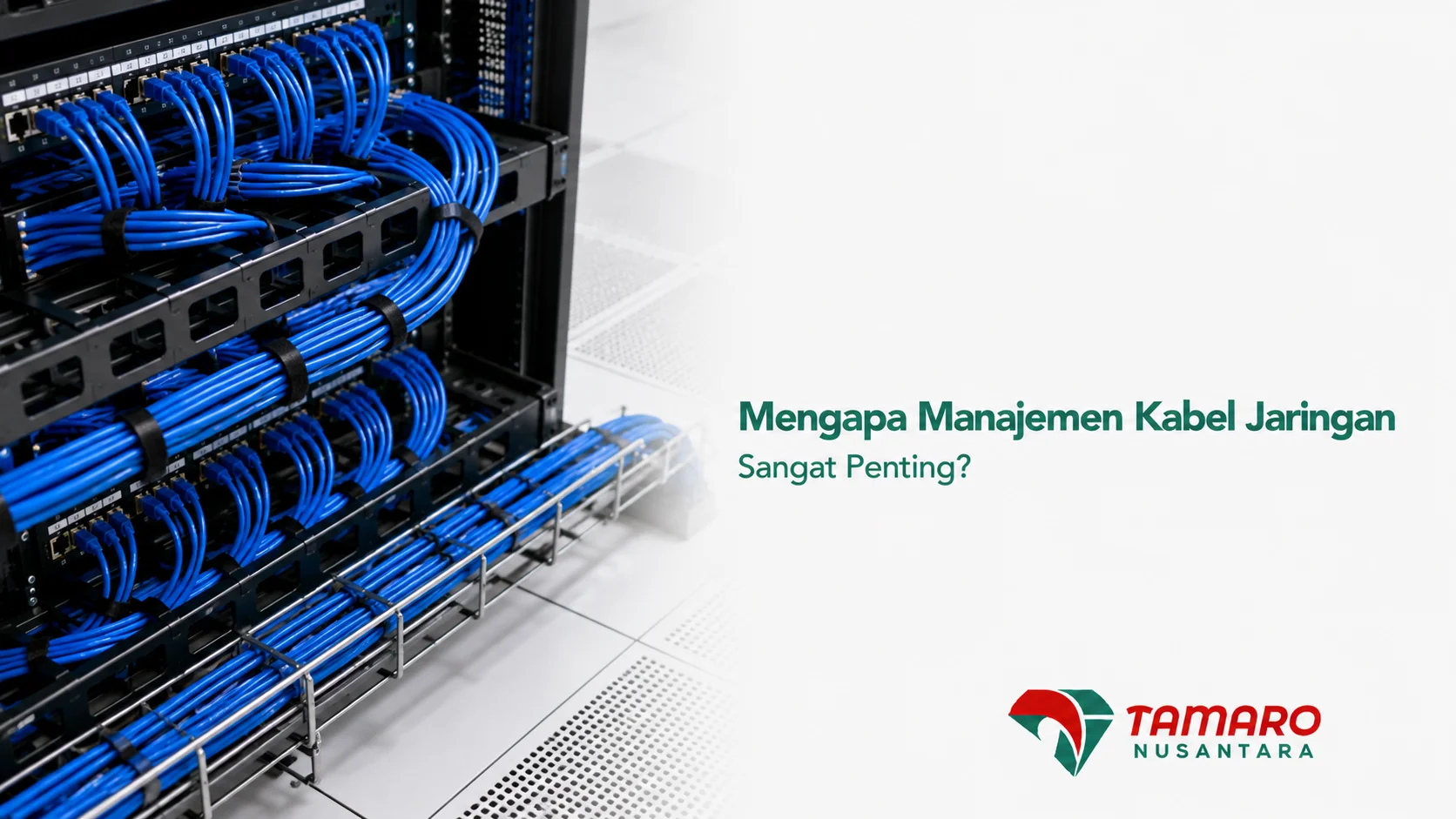 Penataan kabel jaringan menggunakan patch panel dan cable management yang rapi untuk menjaga performa serta memudahkan pemeliharaan jaringan LAN.