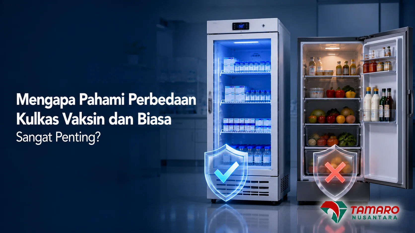 Perbandingan kulkas vaksin dan kulkas biasa yang menunjukkan pentingnya penyimpanan vaksin dengan suhu stabil sesuai standar cold chain.