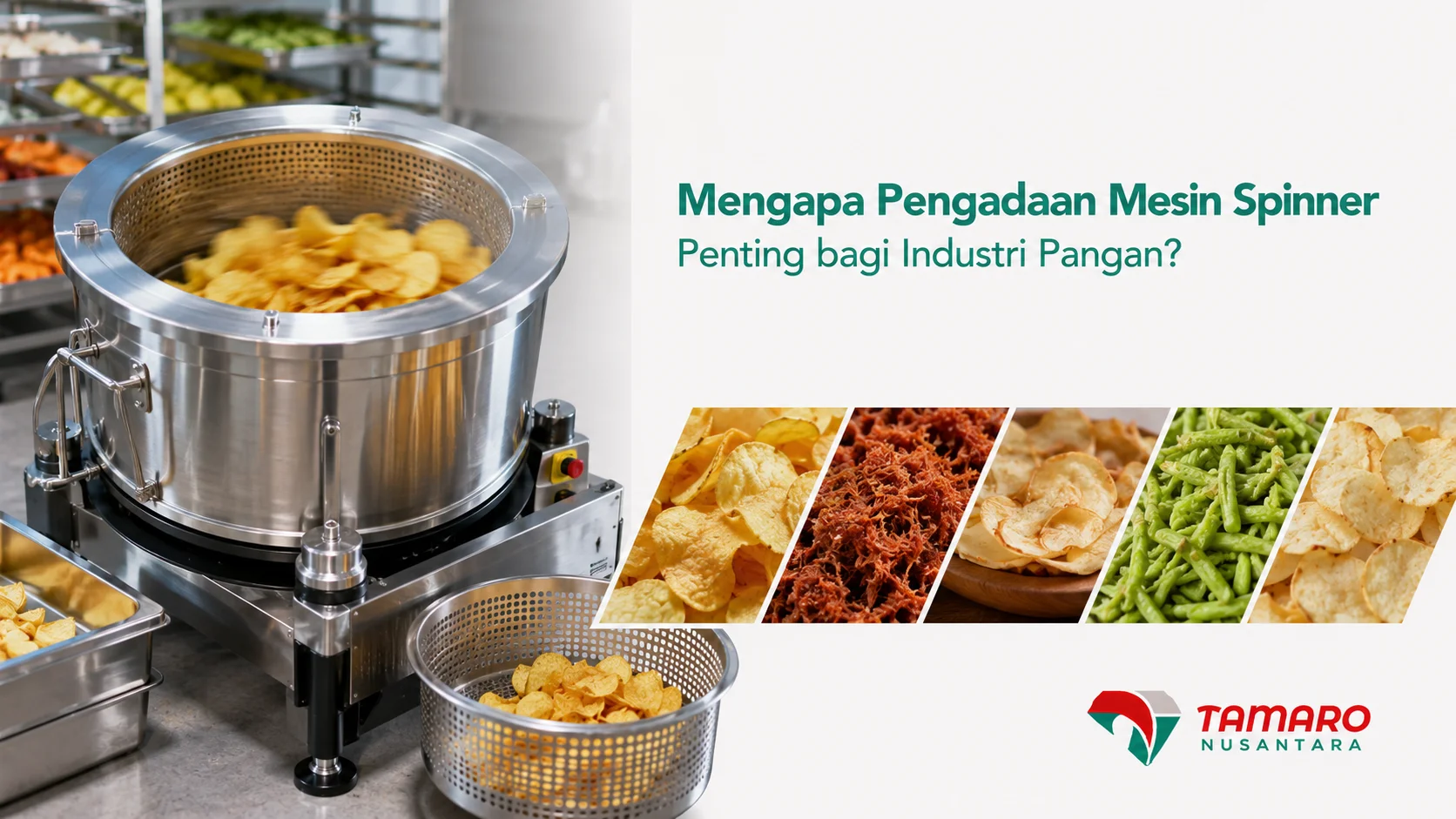 Mesin spinner stainless steel untuk industri pangan sebagai ilustrasi pengolahan produk makanan yang lebih higienis dan efisien.