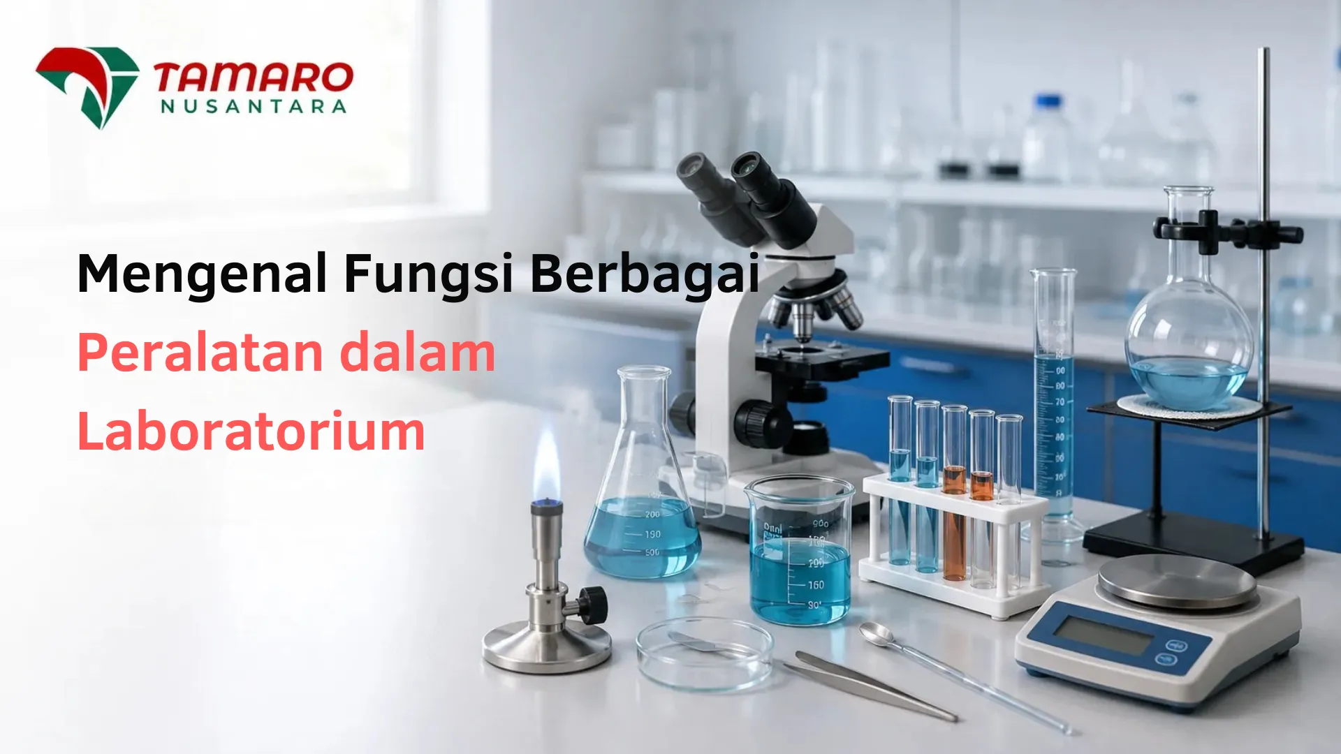 Mengenal fungsi berbagai peralatan laboratorium seperti mikroskop, pembakar bunsen, dan alat gelas kimia dalam banner artikel Tamaro Nusantara.