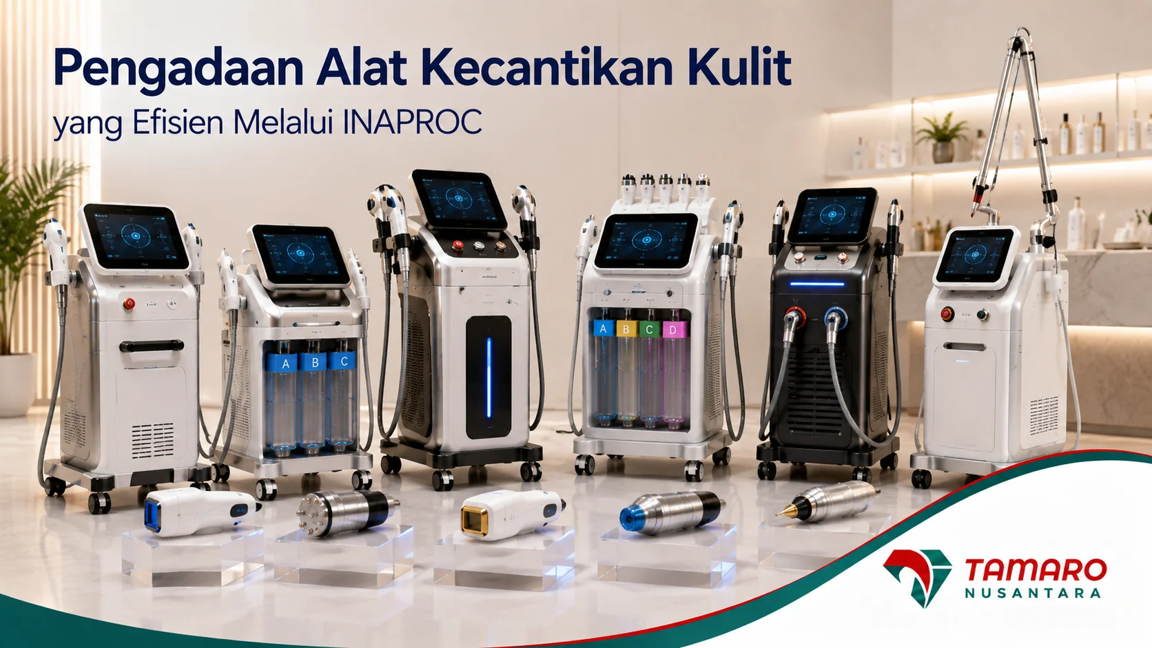Perangkat alat kecantikan kulit profesional untuk pengadaan melalui INAPROC, meliputi skin analyzer, RF, HIFU, laser estetika, dan facial treatment system dari Tamaro Nusantara.