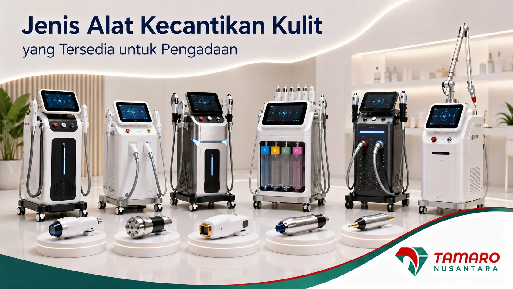 Berbagai jenis alat kecantikan kulit profesional seperti skin analyzer, facial treatment system, radio frequency, HIFU, dan laser estetika untuk kebutuhan pengadaan.