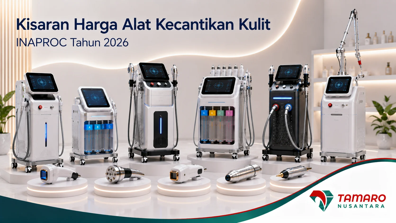 Banner kisaran harga alat kecantikan kulit INAPROC tahun 2026 dengan berbagai perangkat estetika medis profesional dari Tamaro Nusantara.