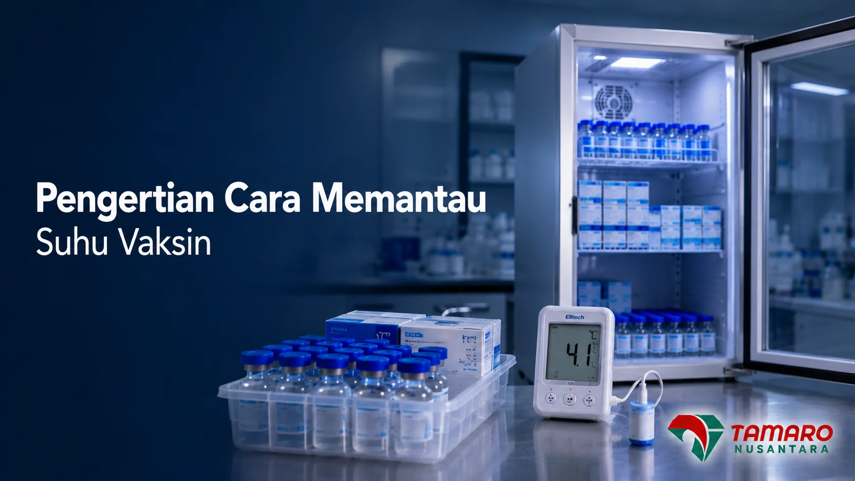 Vaccine refrigerator dan alat pemantau suhu digital untuk memastikan suhu penyimpanan vaksin tetap stabil sesuai standar cold chain.