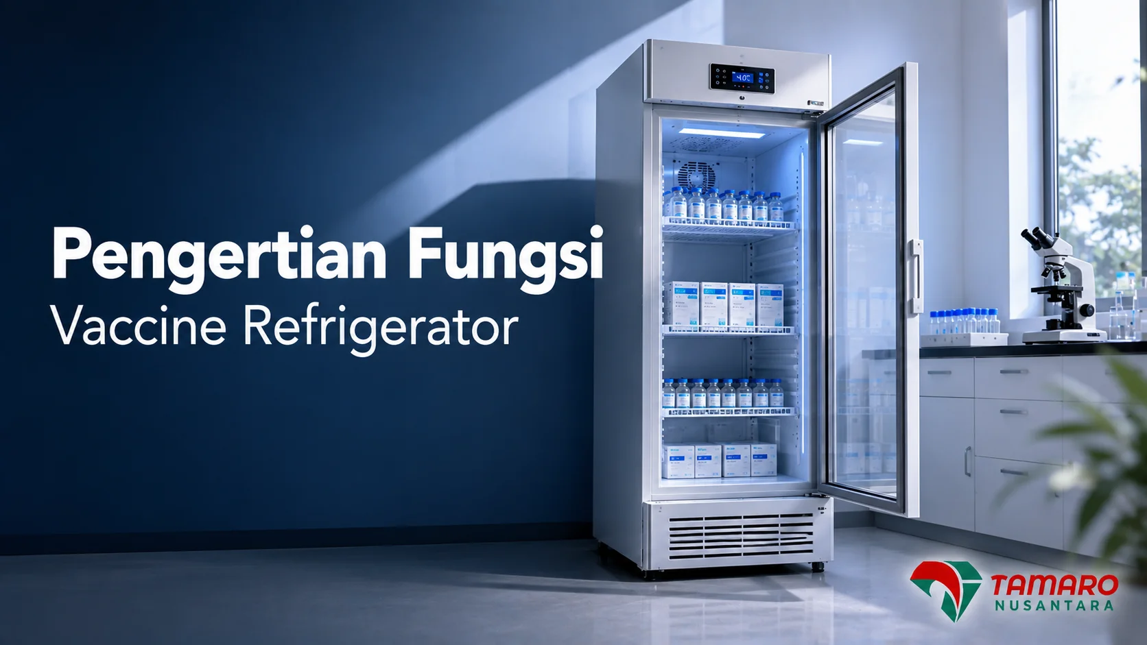 Vaccine refrigerator medis untuk menjaga suhu penyimpanan vaksin tetap stabil sesuai standar cold chain di fasilitas kesehatan.