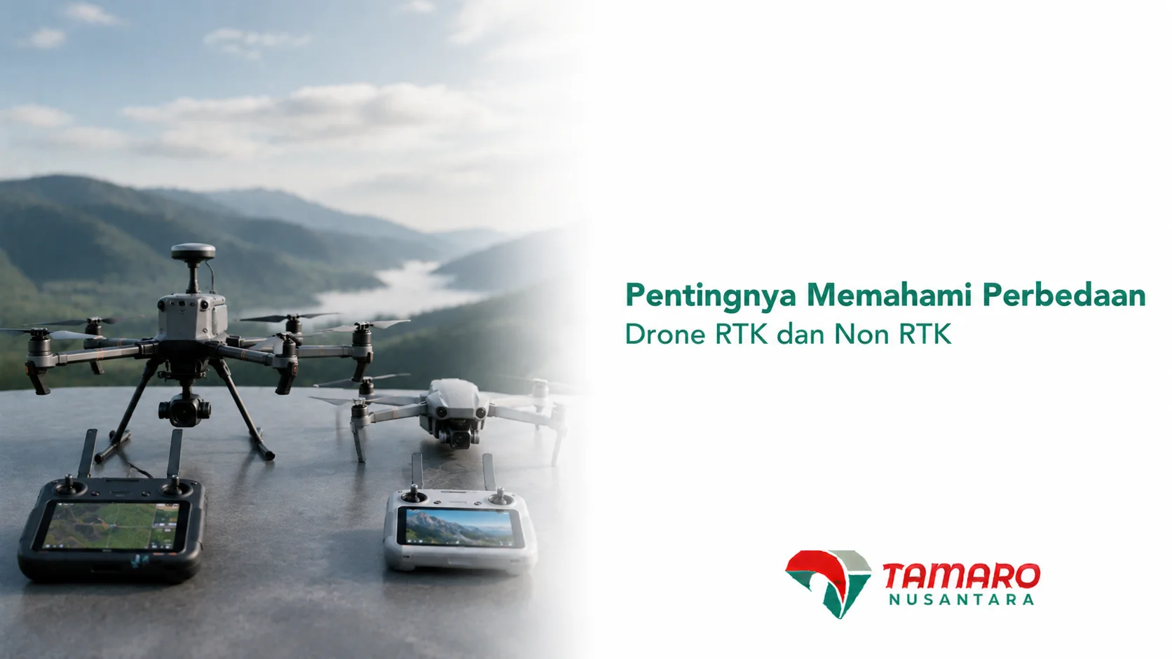 Drone RTK dan drone Non RTK dengan remote controller sebagai ilustrasi perbedaan teknologi dan tingkat akurasi untuk berbagai kebutuhan operasional.