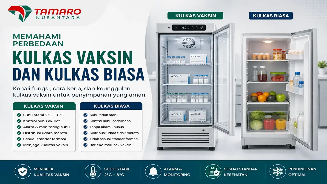Perbedaan kulkas vaksin dan kulkas biasa untuk penyimpanan vaksin sesuai standar cold chain di fasilitas kesehatan.