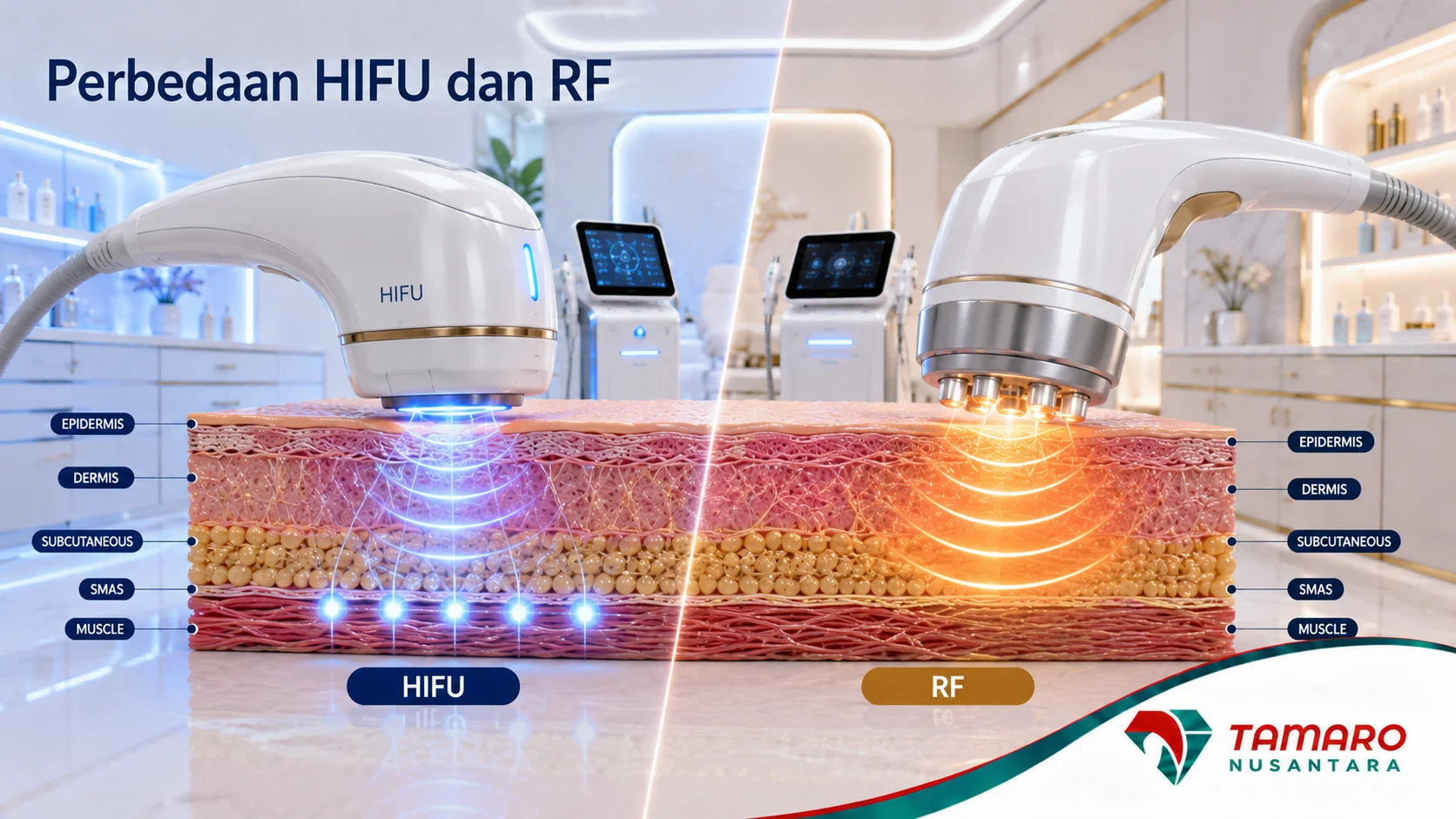 Perbandingan visual teknologi HIFU dan RF untuk prosedur pengencangan kulit non-invasif.