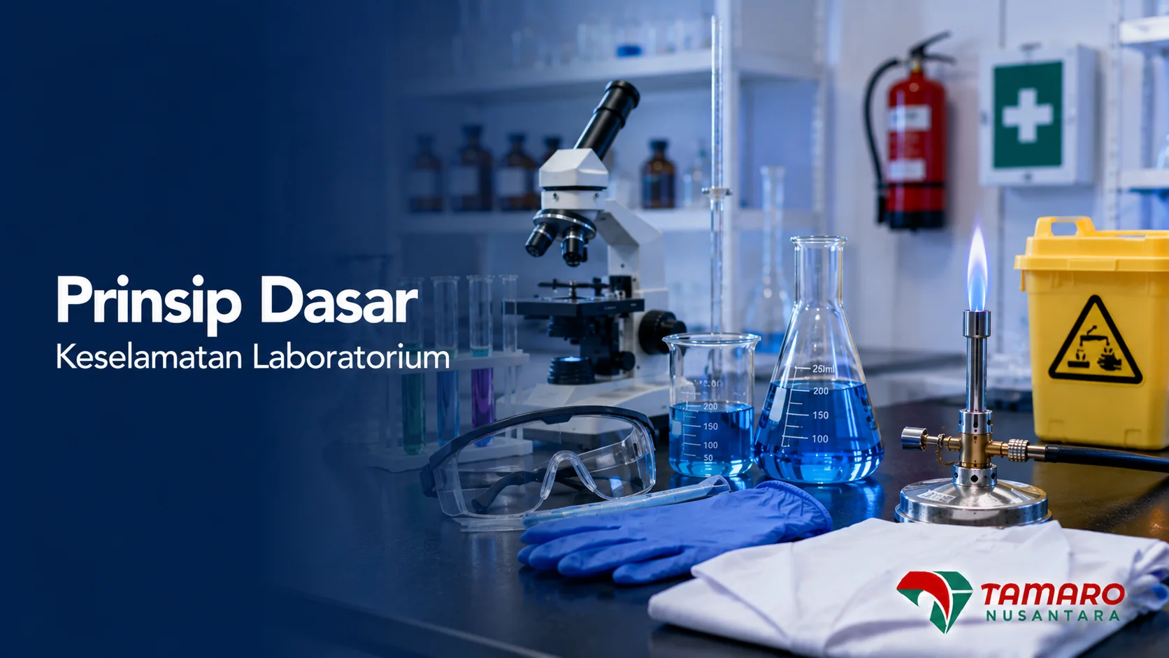 Peralatan laboratorium, APD, dan pembakar Bunsen tersusun di meja praktikum untuk mendukung penerapan keselamatan laboratorium.