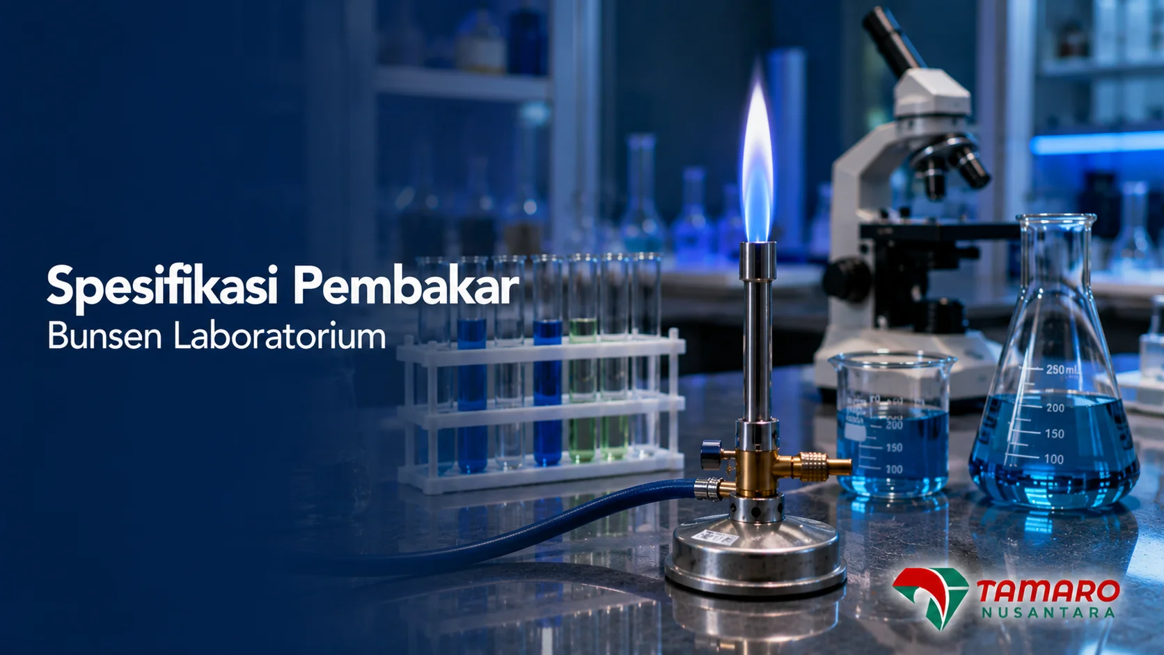 Pembakar Bunsen laboratorium dengan konstruksi logam tahan panas untuk mendukung proses pemanasan dan pengujian.