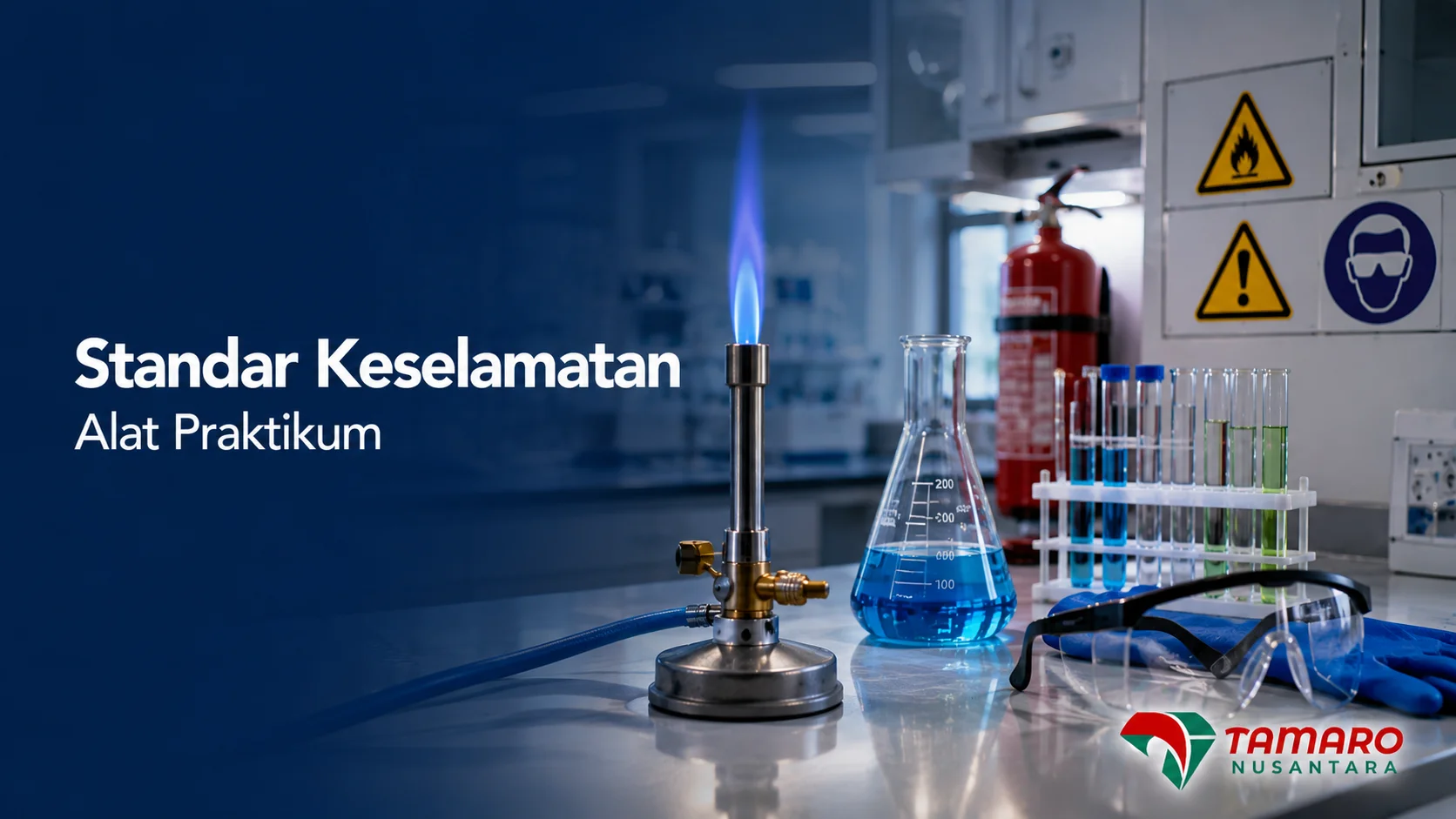 Pembakar Bunsen dan perlengkapan laboratorium yang mendukung penerapan standar keselamatan selama kegiatan praktikum.