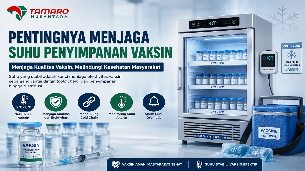 Suhu penyimpanan vaksin menggunakan vaccine refrigerator untuk menjaga kualitas vaksin sesuai standar cold chain 2°C hingga 8°C.