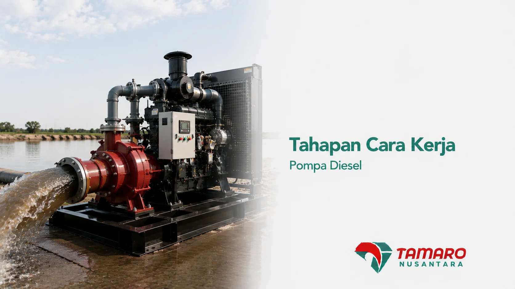 Pompa diesel industri yang mengalirkan air berkapasitas besar untuk mendukung sistem pengairan, drainase, dan kebutuhan operasional lapangan.