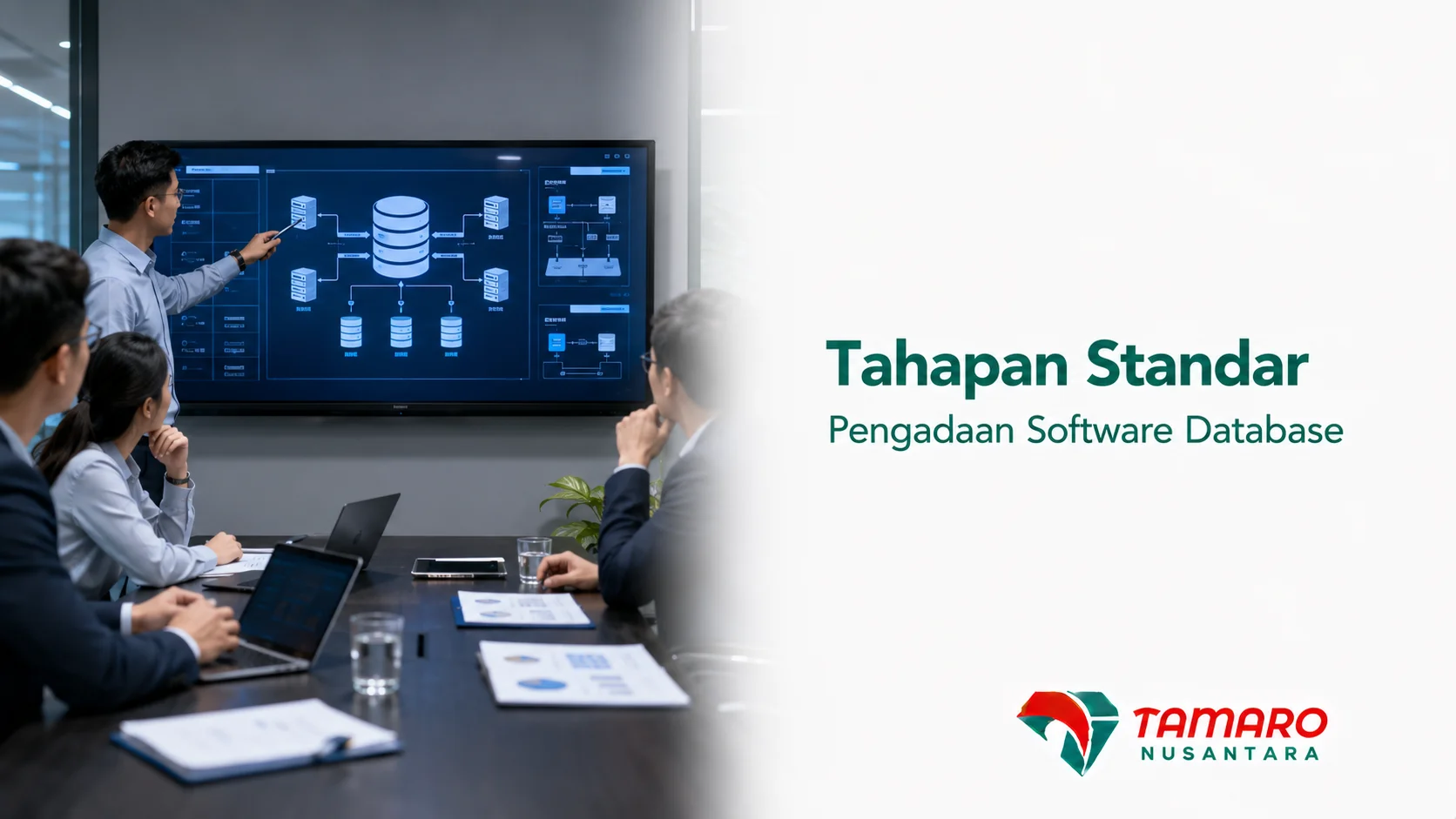 Tim IT sedang melakukan evaluasi arsitektur sistem dalam proses pengadaan software database enterprise.
