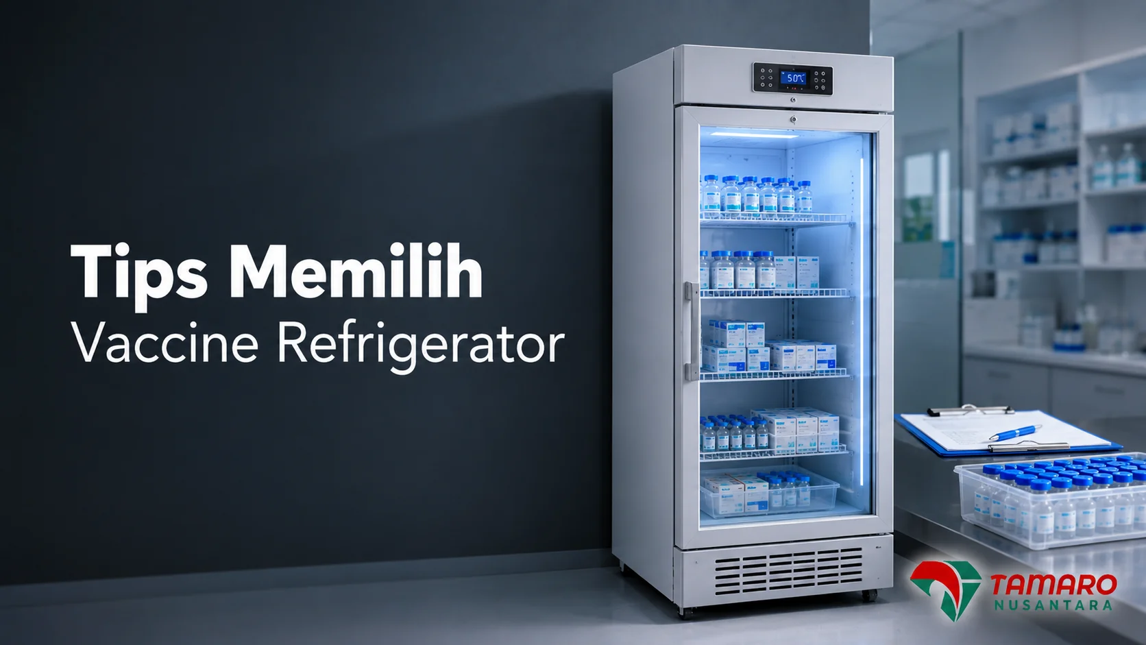 Vaccine refrigerator medis dengan penyimpanan bersuhu stabil untuk menjaga kualitas vaksin sesuai standar cold chain.