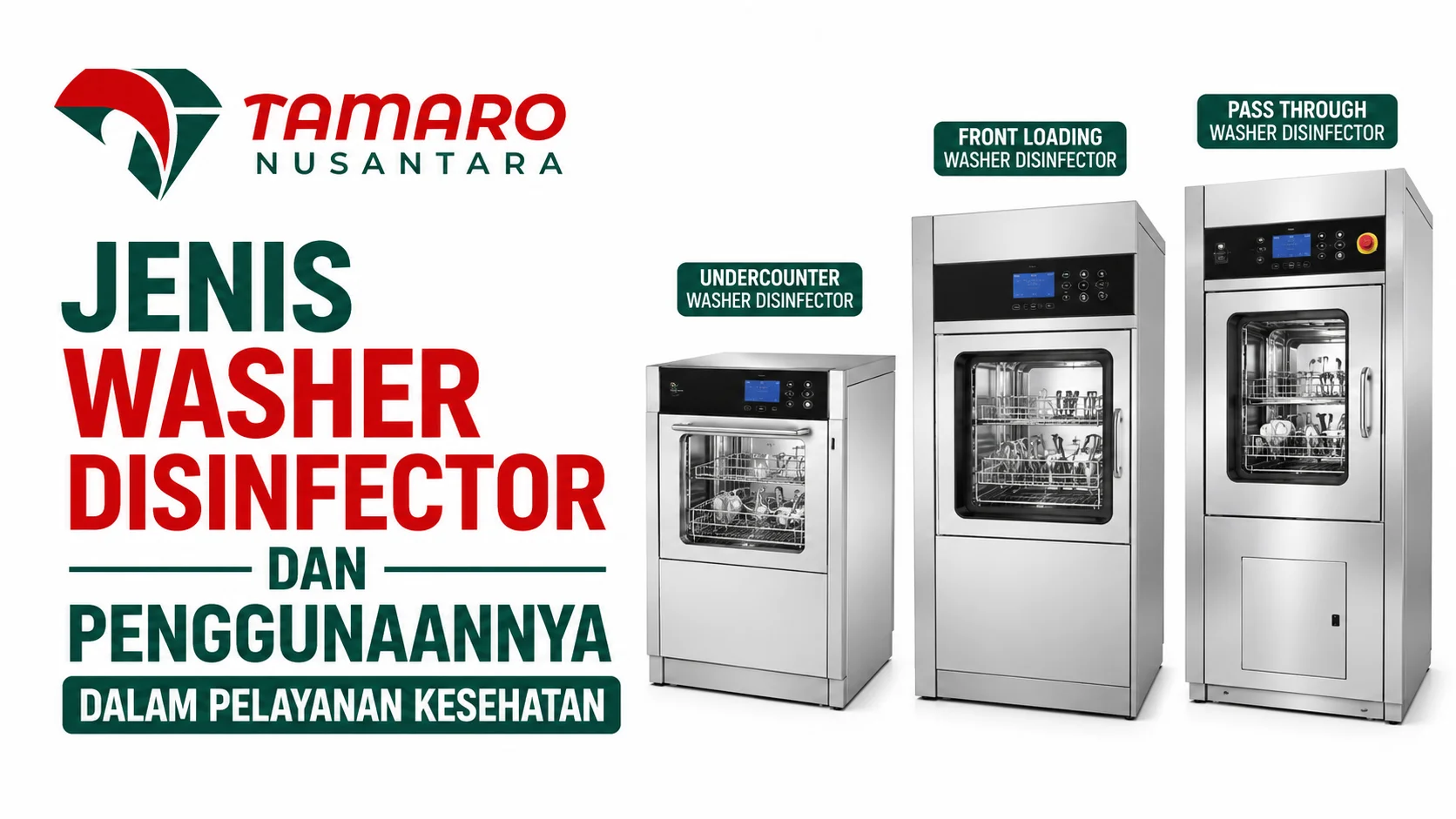 Ilustrasi berbagai jenis washer disinfector untuk pelayanan kesehatan, meliputi undercounter, front loading, dan pass through washer disinfector.