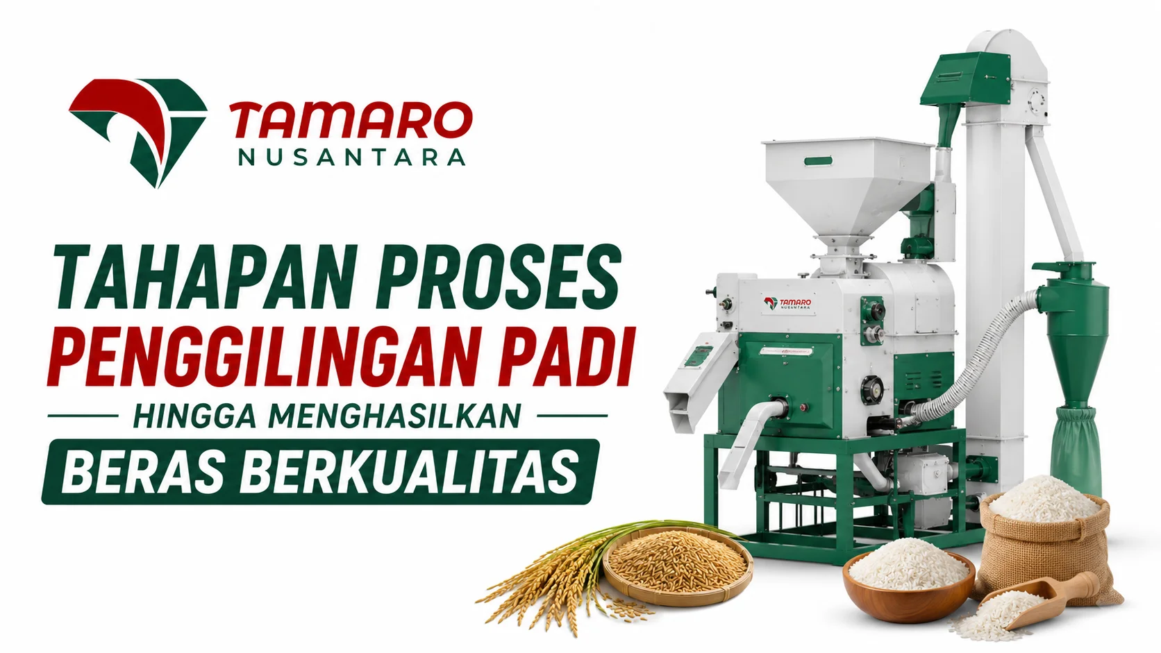Ilustrasi Mesin Penggiling Padi modern untuk proses penggilingan gabah menjadi beras berkualitas dengan logo Tamaro Nusantara.