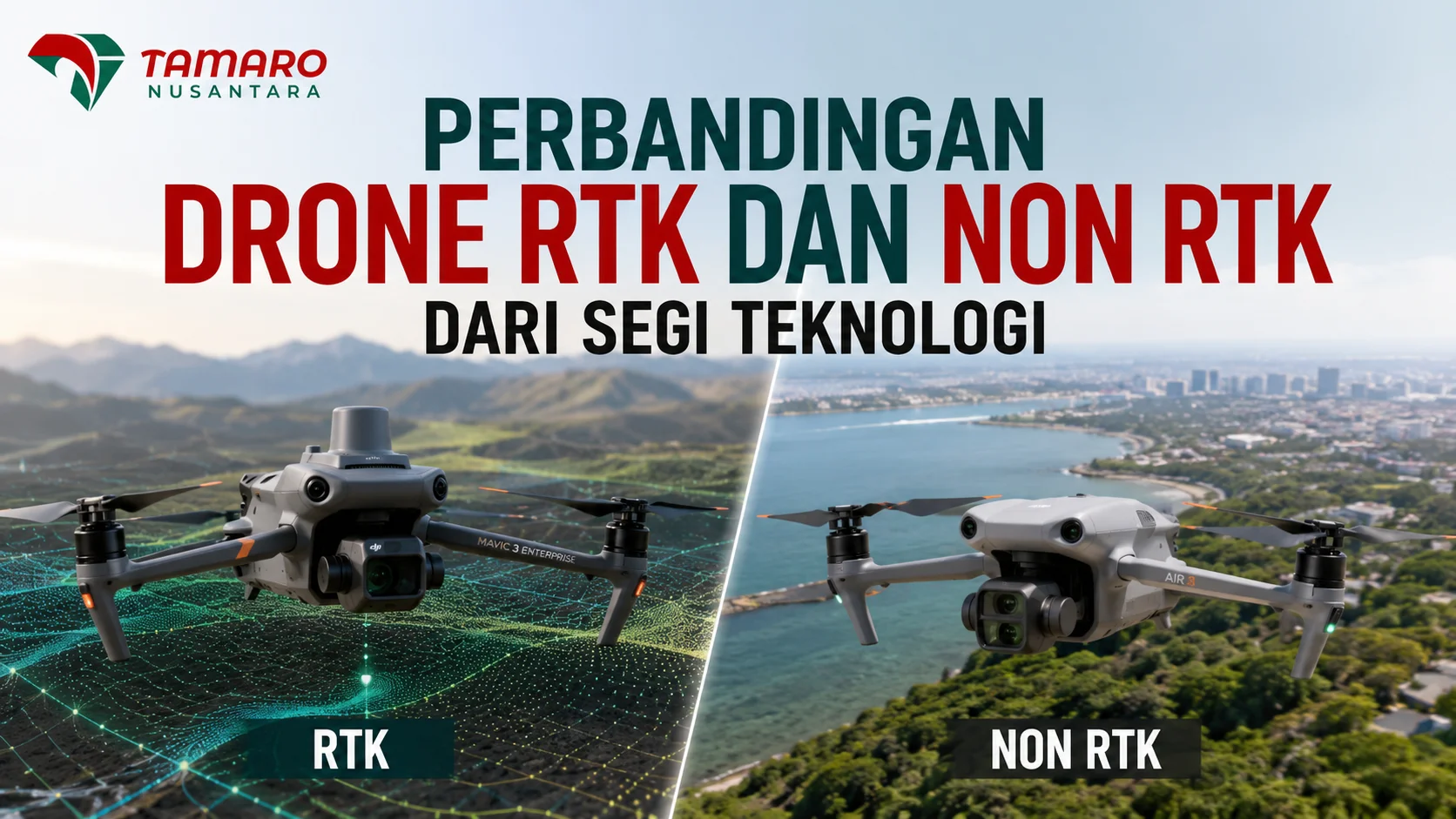 Perbandingan Drone RTK dan Non RTK dari segi teknologi, akurasi, fitur, dan penggunaan untuk kebutuhan survei, pemetaan, serta dokumentasi udara.